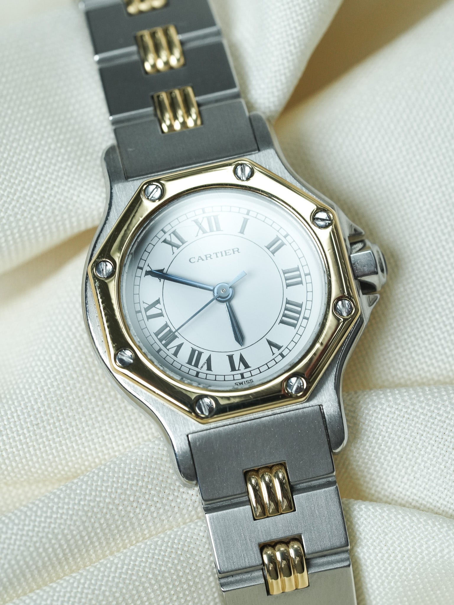 Montre Cartier Santos Vintage - Octogonale Godron 24mm Acier Or Femme (Années 1980) - Atelier Victor