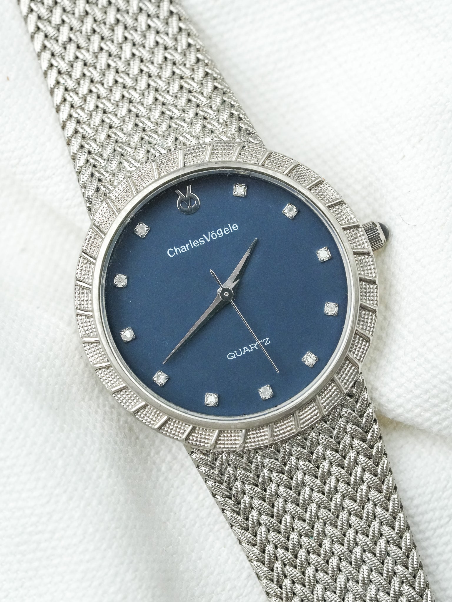 Montre Charles Vogele Vintage - Plaqué Platine Bracelet intégré Bleu (Années 1990) - Atelier Victor