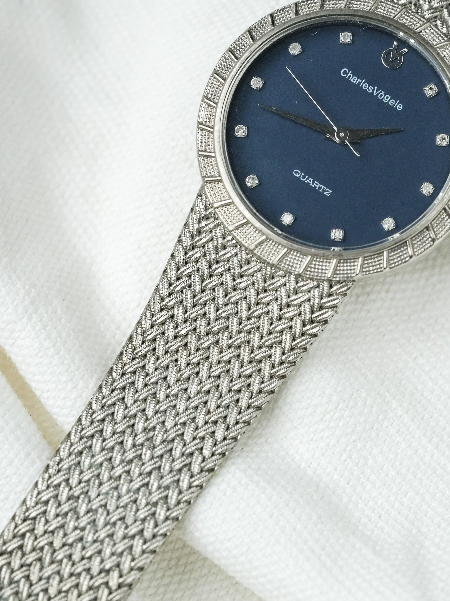 Montre Charles Vogele Vintage - Plaqué Platine Bracelet intégré Bleu (Années 1990) - Atelier Victor