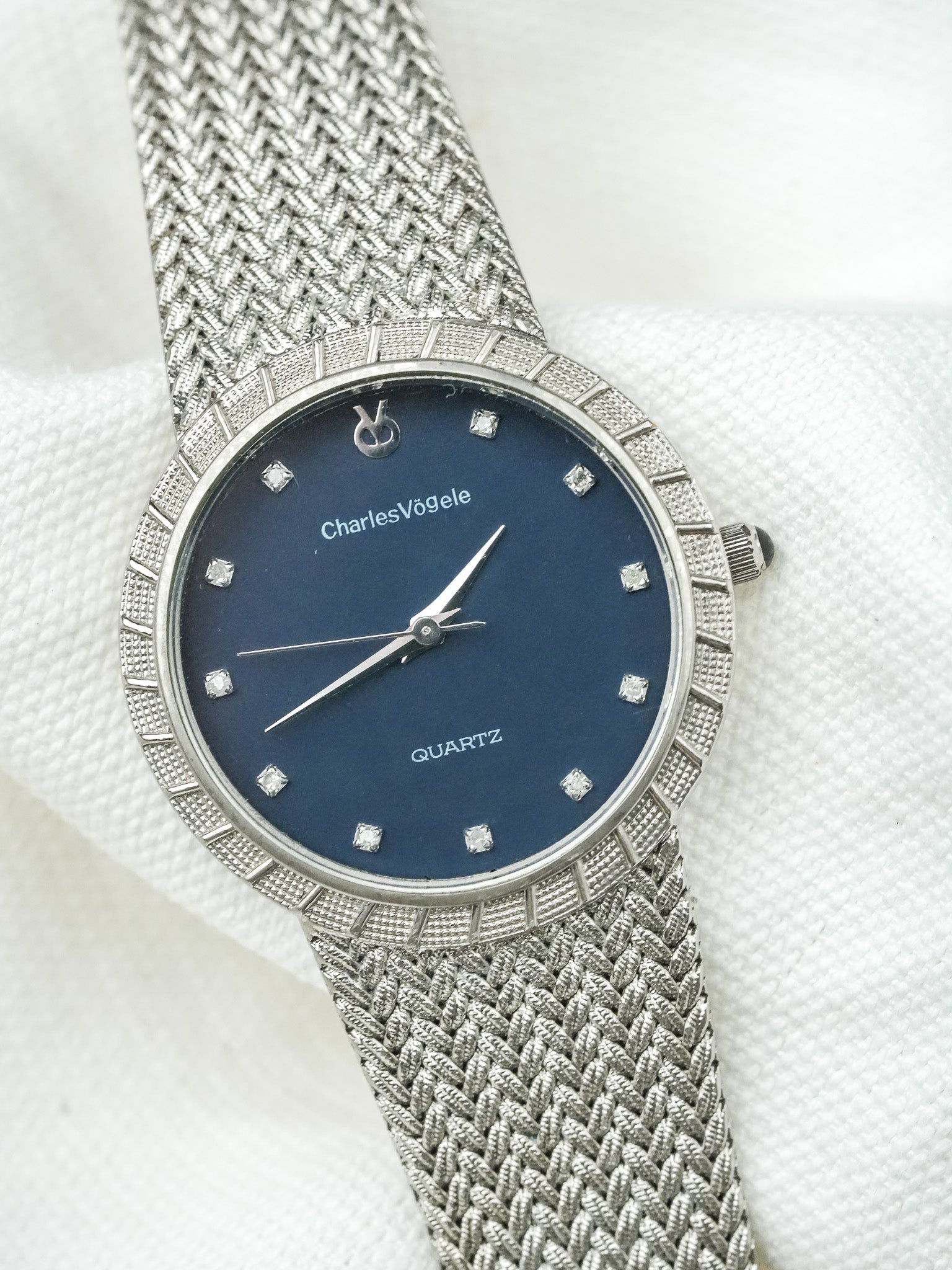 Montre Charles Vogele Vintage - Plaqué Platine Bracelet intégré Bleu (Années 1990) - Atelier Victor