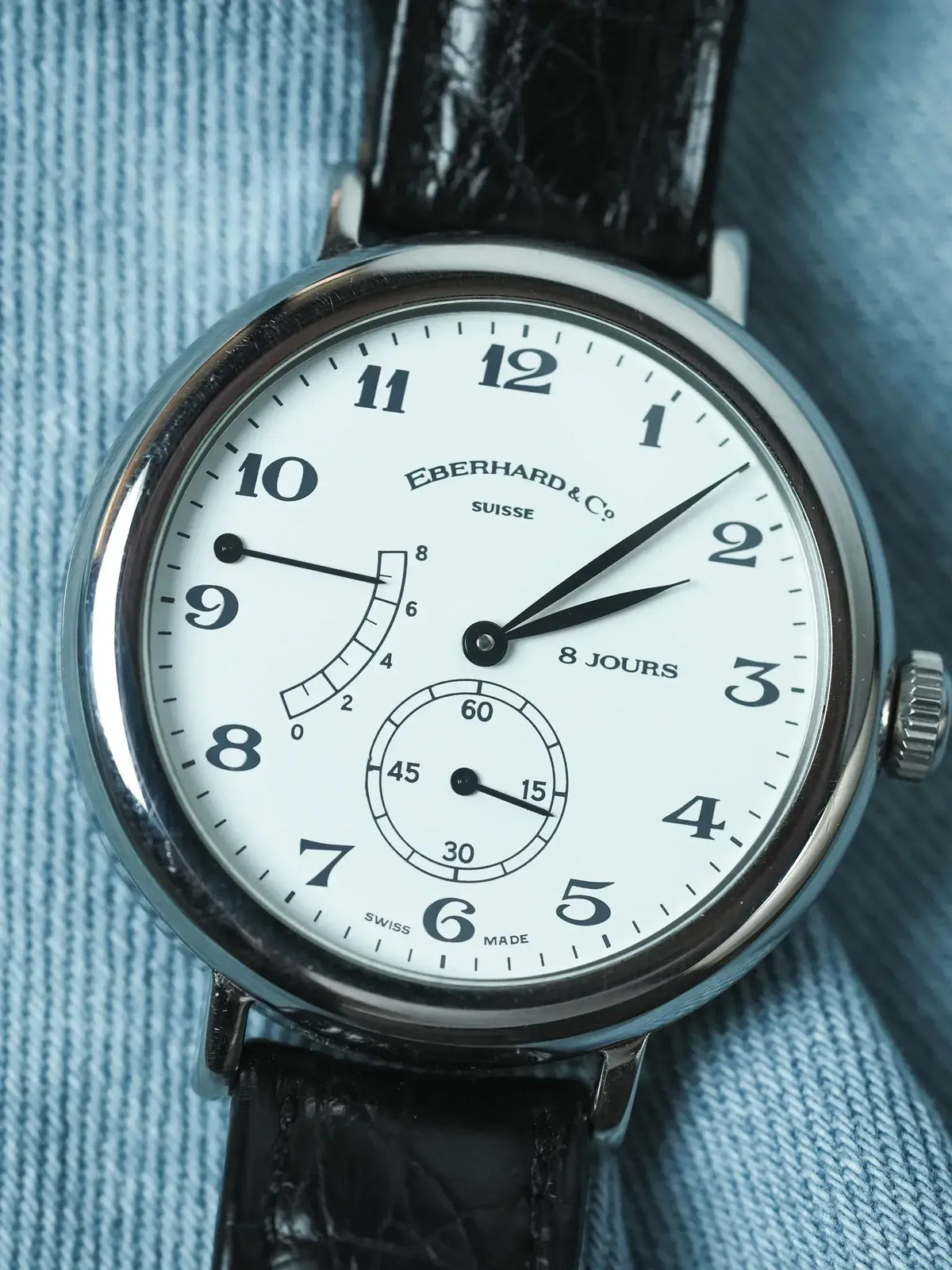Eberhard & Co vintage watch with white dial, black leather strap, 8 Jours power reserve