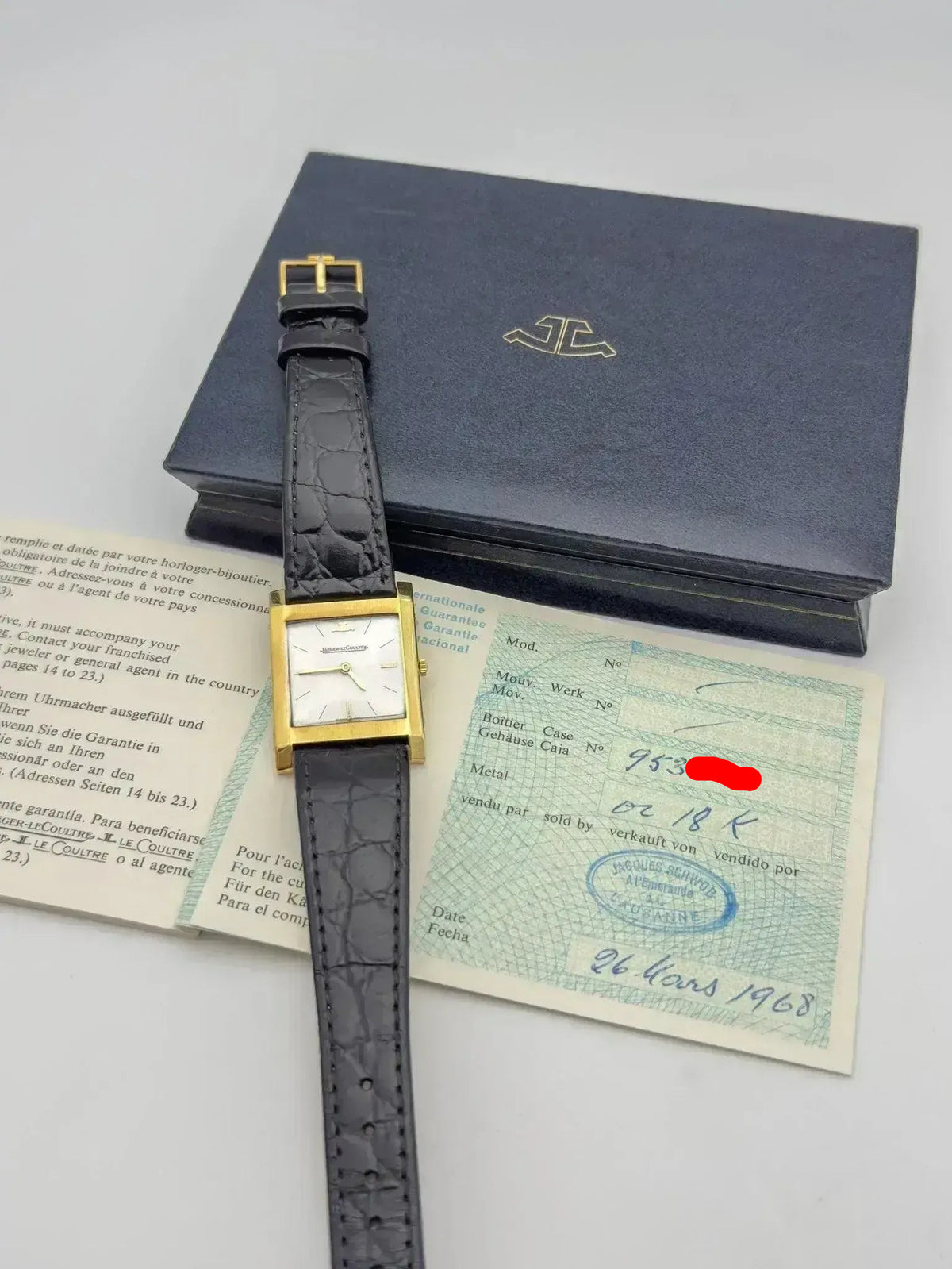 الأوراق الأصلية بتاريخ 26 مارس 1968 - ساعة Jaeger-LeCoultre Tank فينتاج - Atelier Victor