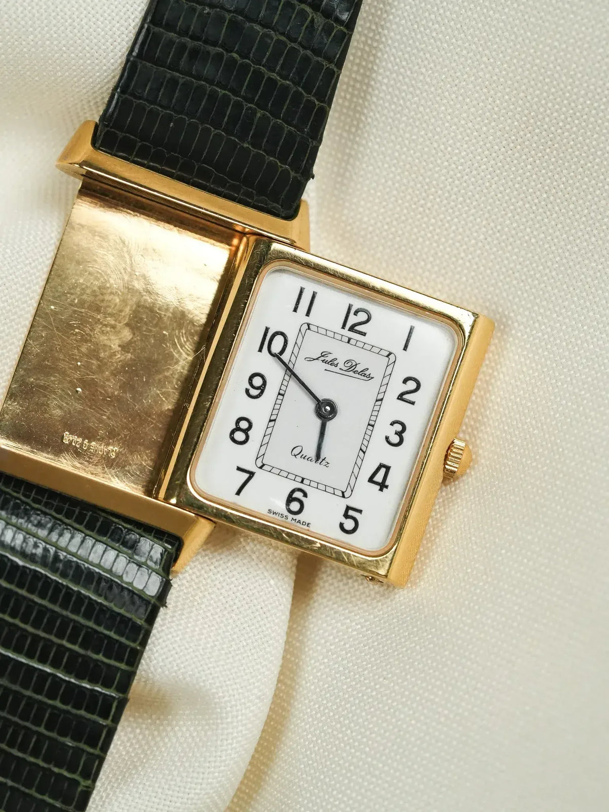 Jules Jules Delas vintage quartz watch, gold case, white dial, black leather strap