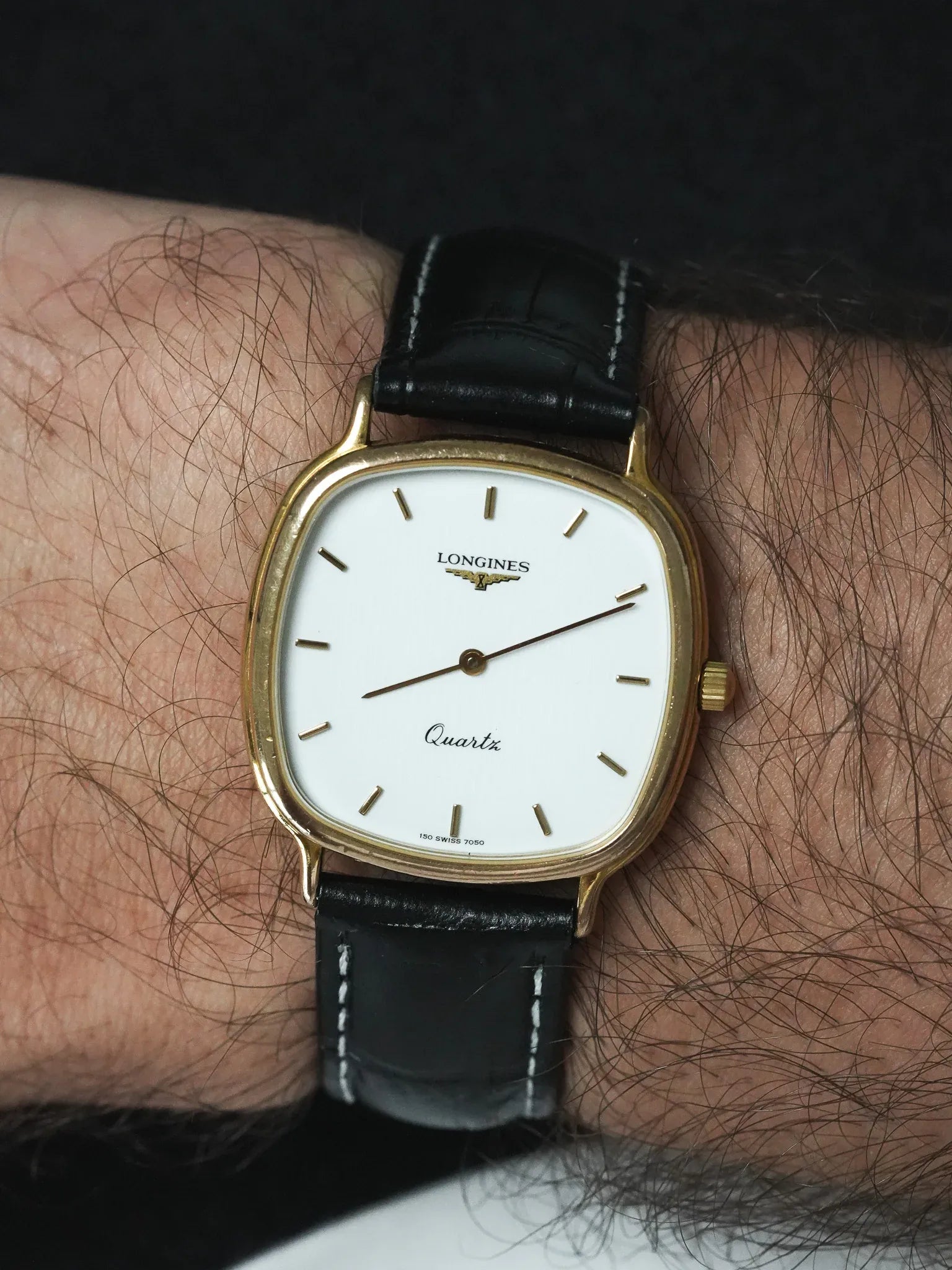 Montre Longines Vintage (1980s) - Tonneau Cadran Blanc Tapisse Plate plaqué or