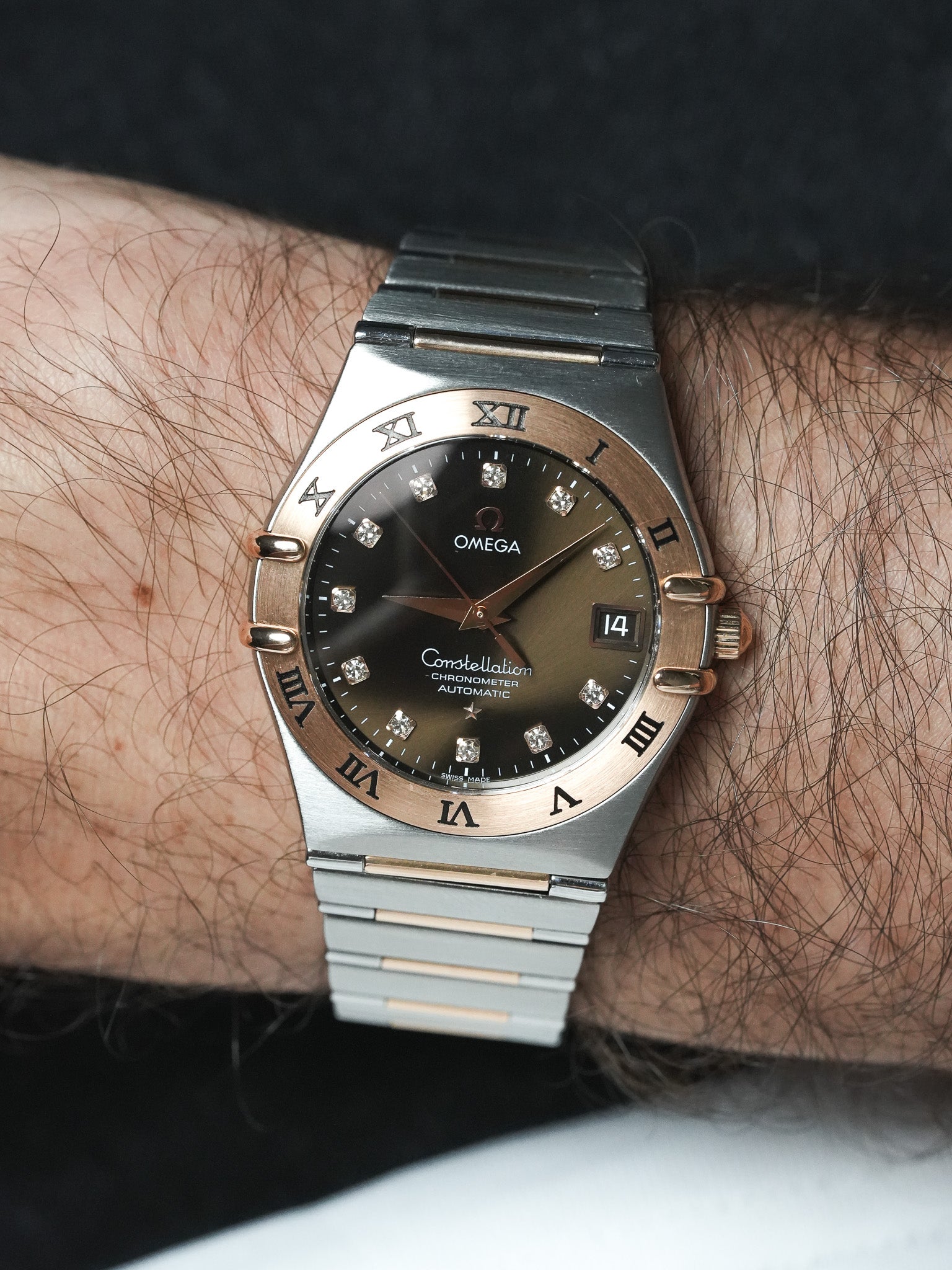 Montre Omega Constellation 1301.60.00 - Acier Or Rose Chocolat Diamants (Années 2000)