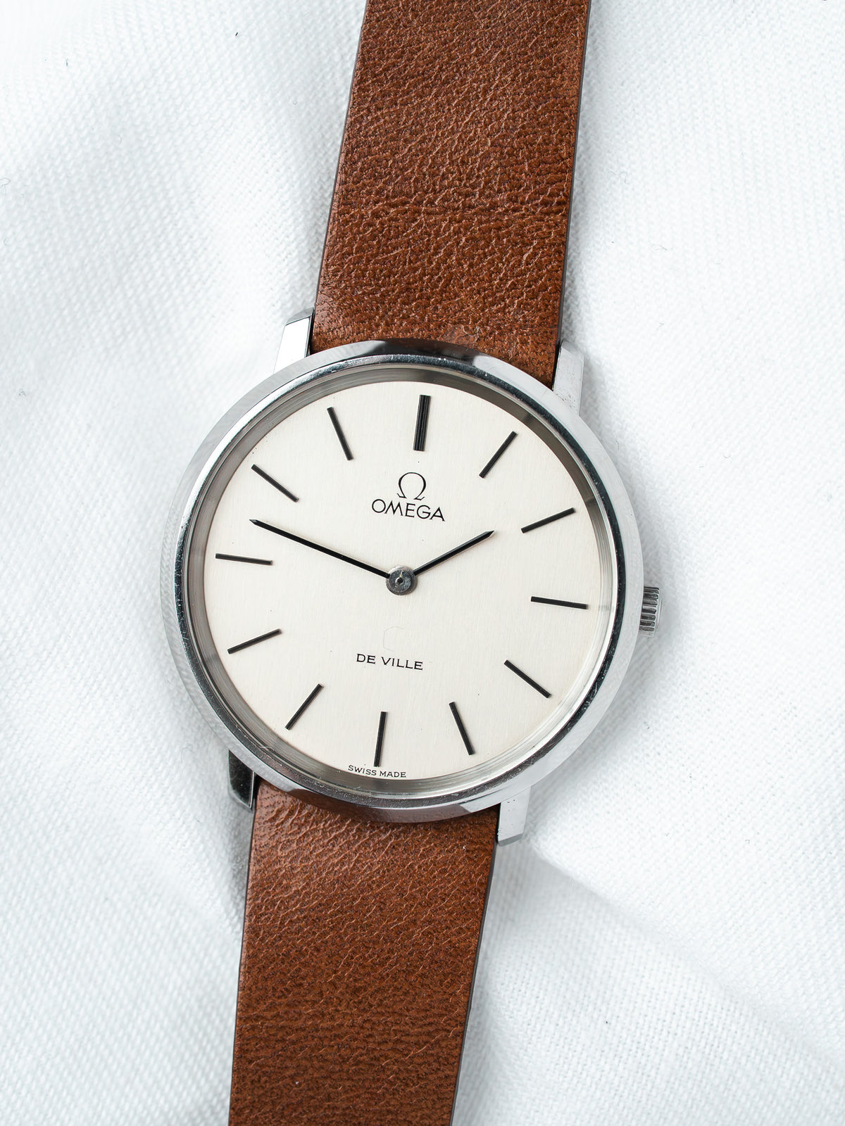 Omega De Ville vintage watch with cream dial and brown leather strap