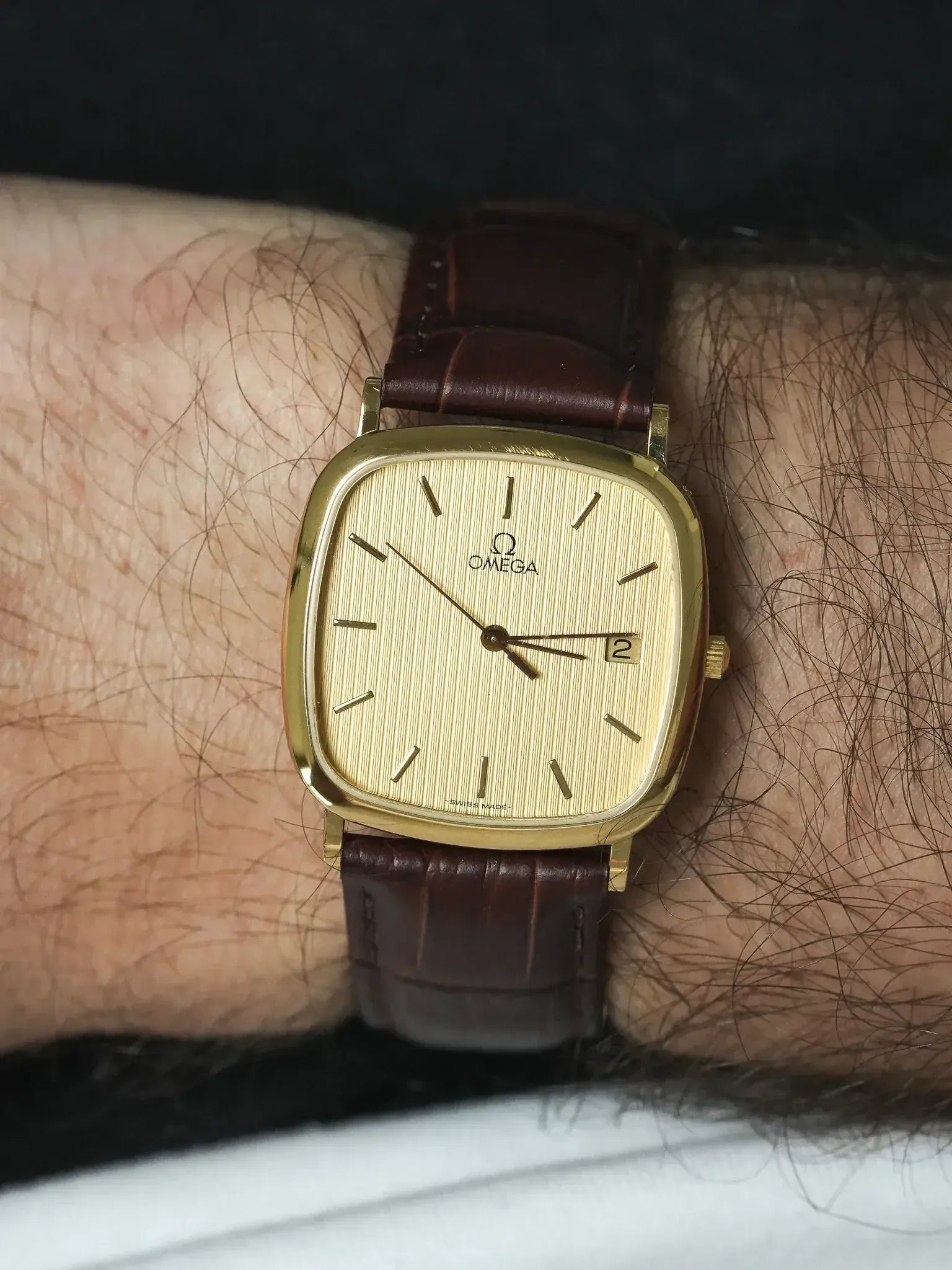 Vintage Omega Watch (1990s) - Gold-Plated TV Tapestry Dial Date