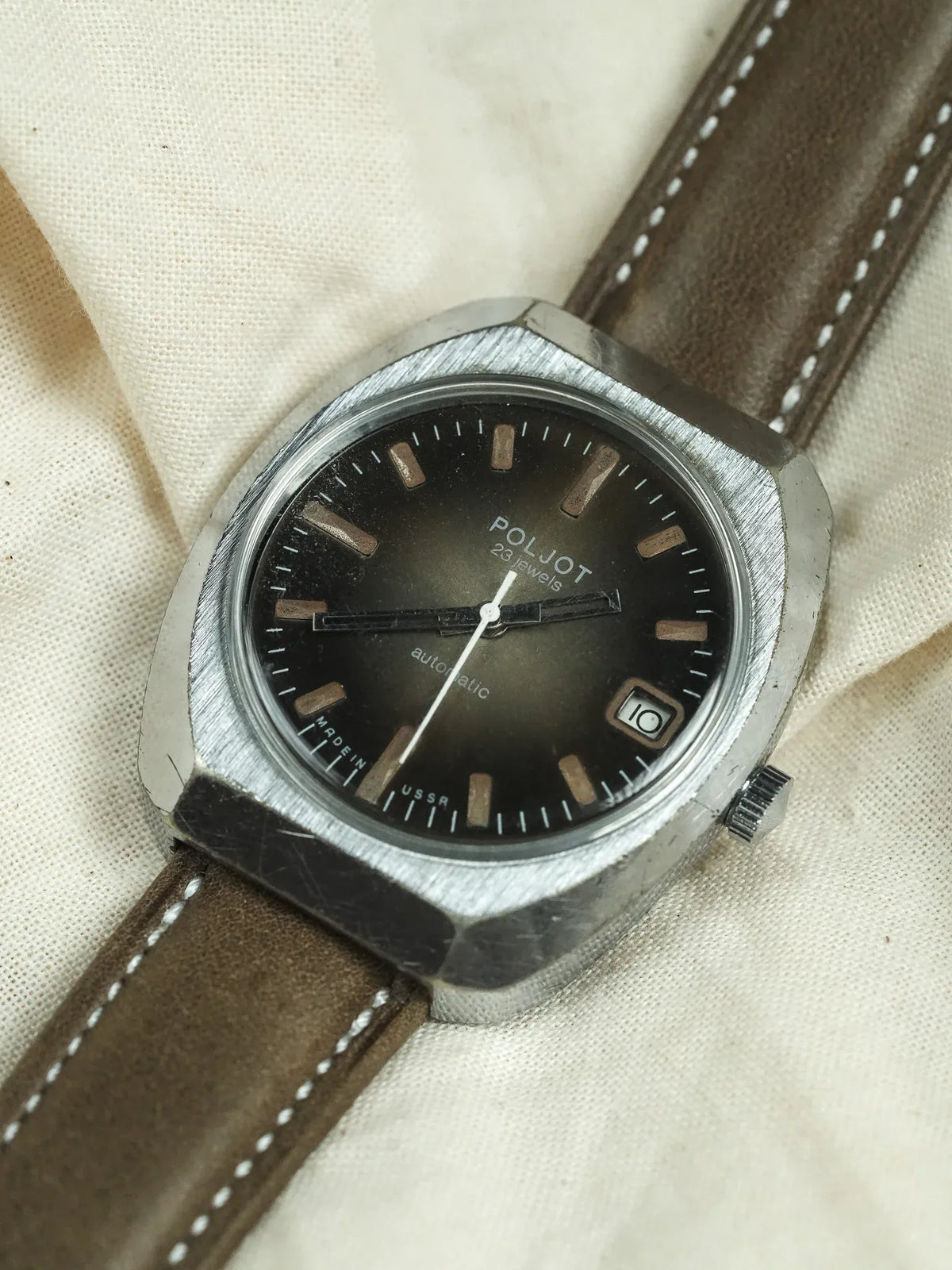 Poljot vintage automatic watch with black dial, brown leather strap, USSR made