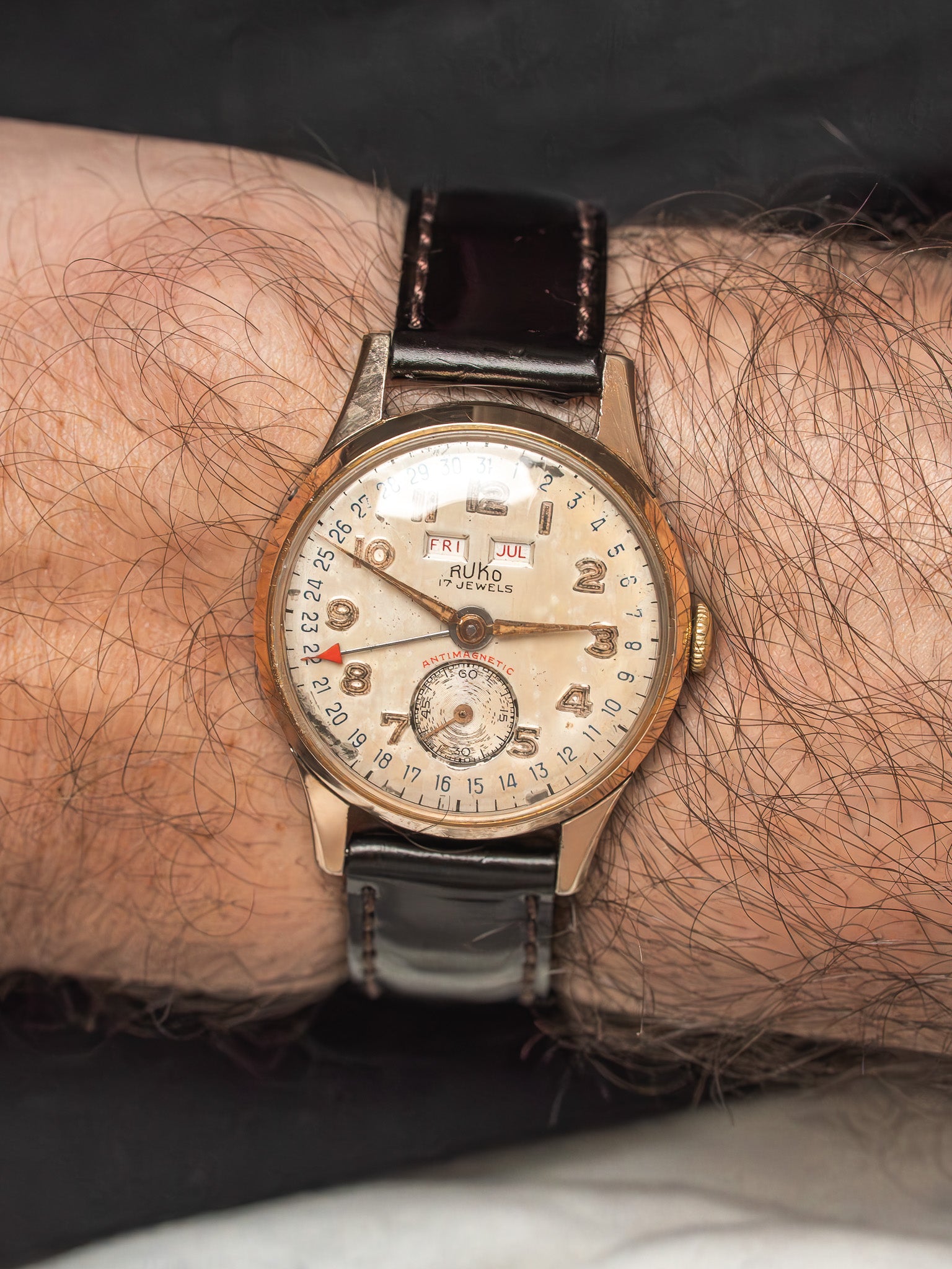 Vintage Ruko Triple Calendar Rose Gold-Plated Watch — Swiss (1950s)
