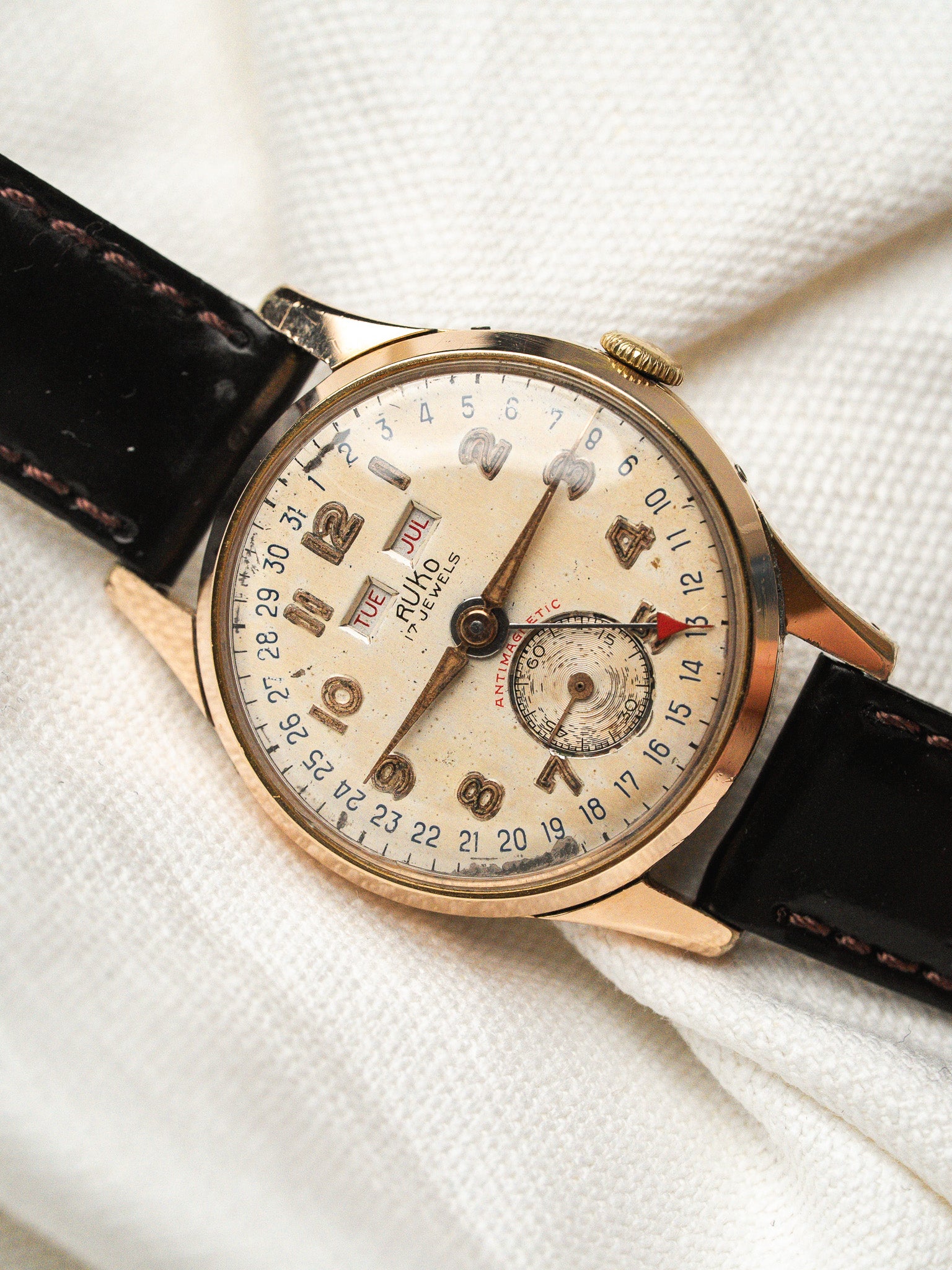 Vintage Ruko Triple Calendar Rose Gold-Plated Watch — Swiss (1950s)