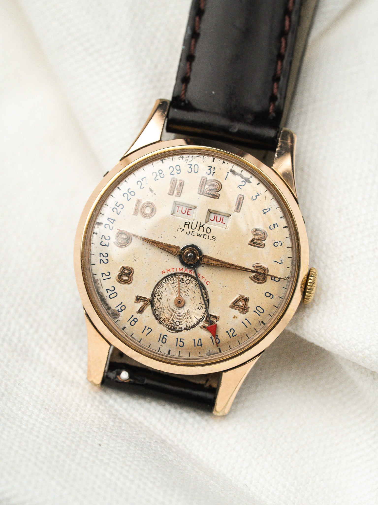 Vintage Ruko Triple Calendar Rose Gold-Plated Watch — Swiss (1950s)