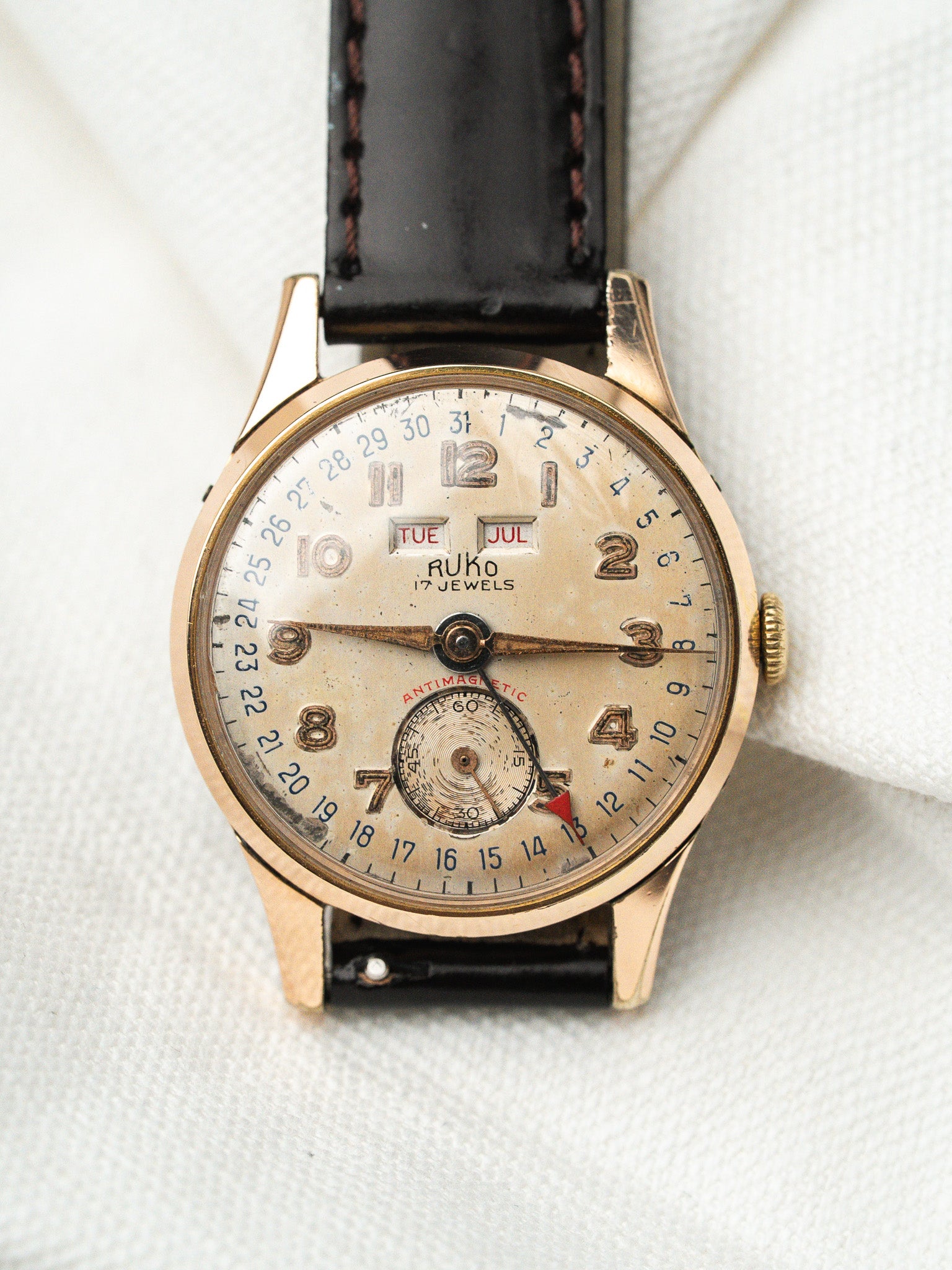 Vintage Ruko Triple Calendar Rose Gold-Plated Watch — Swiss (1950s)