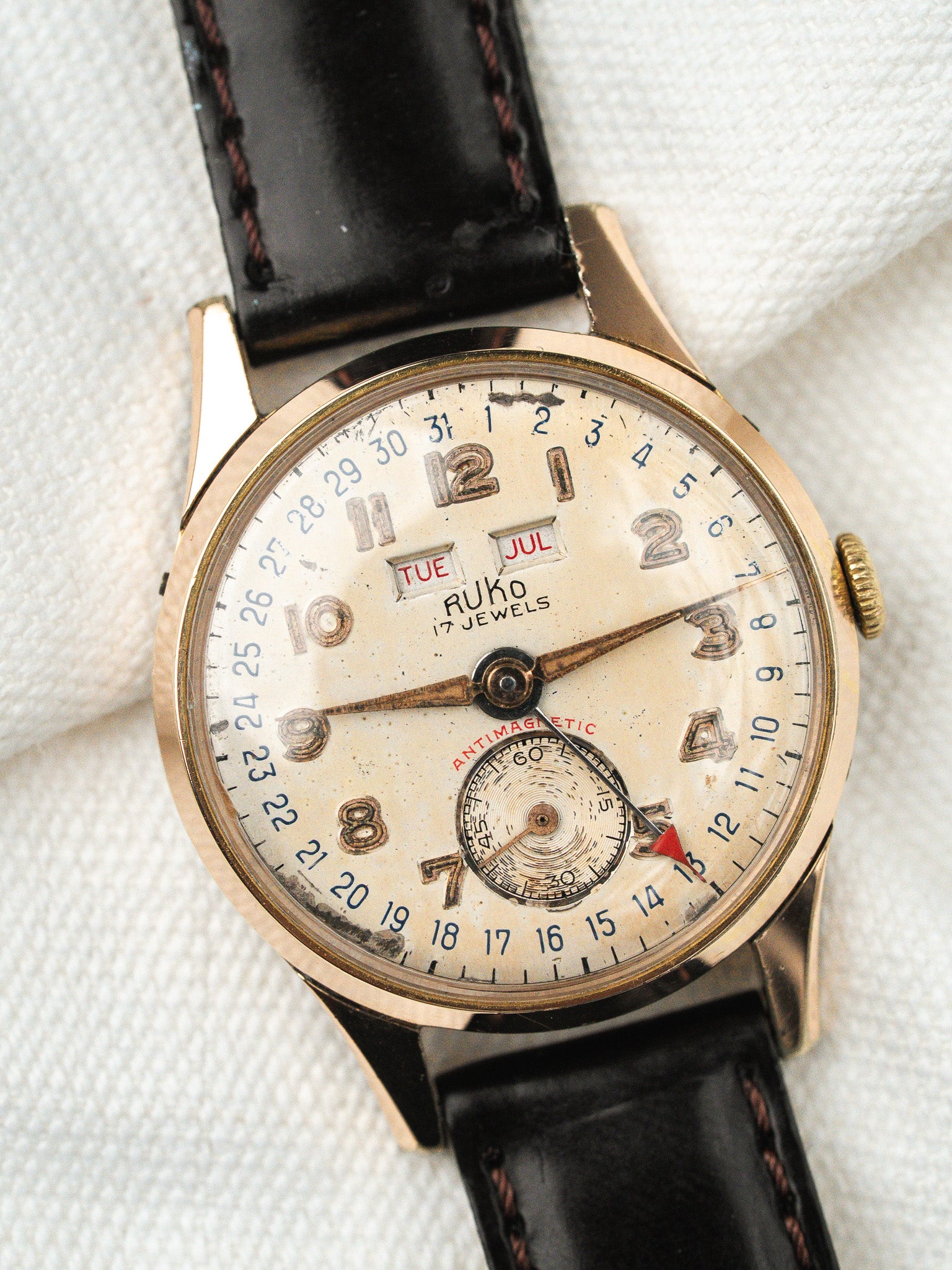 Vintage Ruko Triple Calendar Rose Gold-Plated Watch — Swiss (1950s)