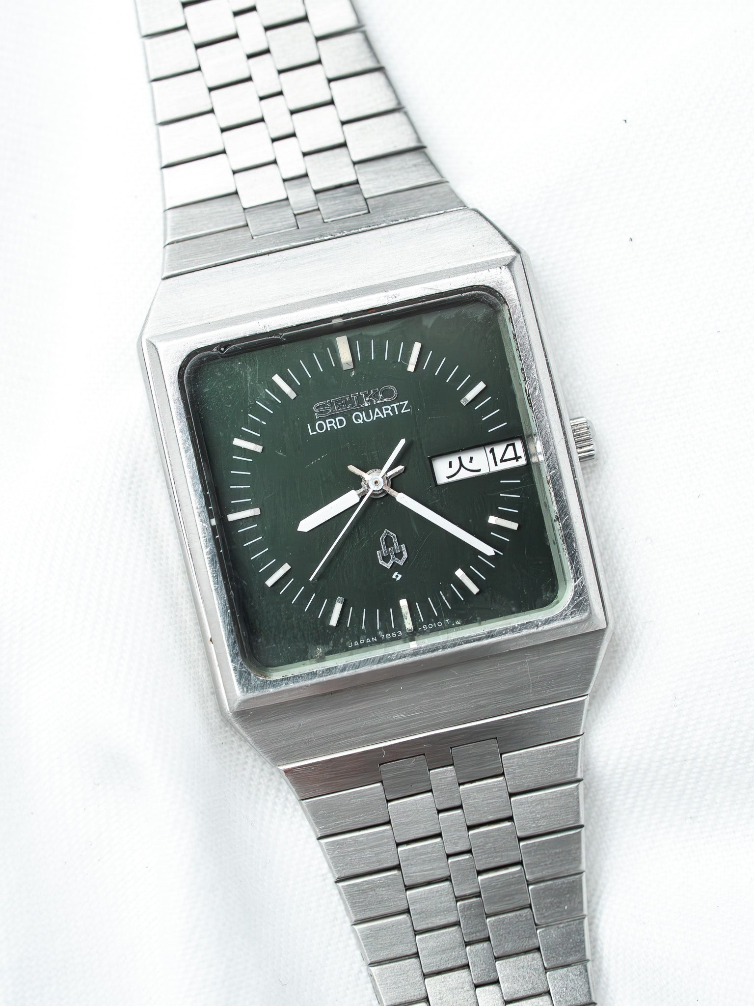 Seiko Lord Quartz vintage watch with green dial and steel bracelet