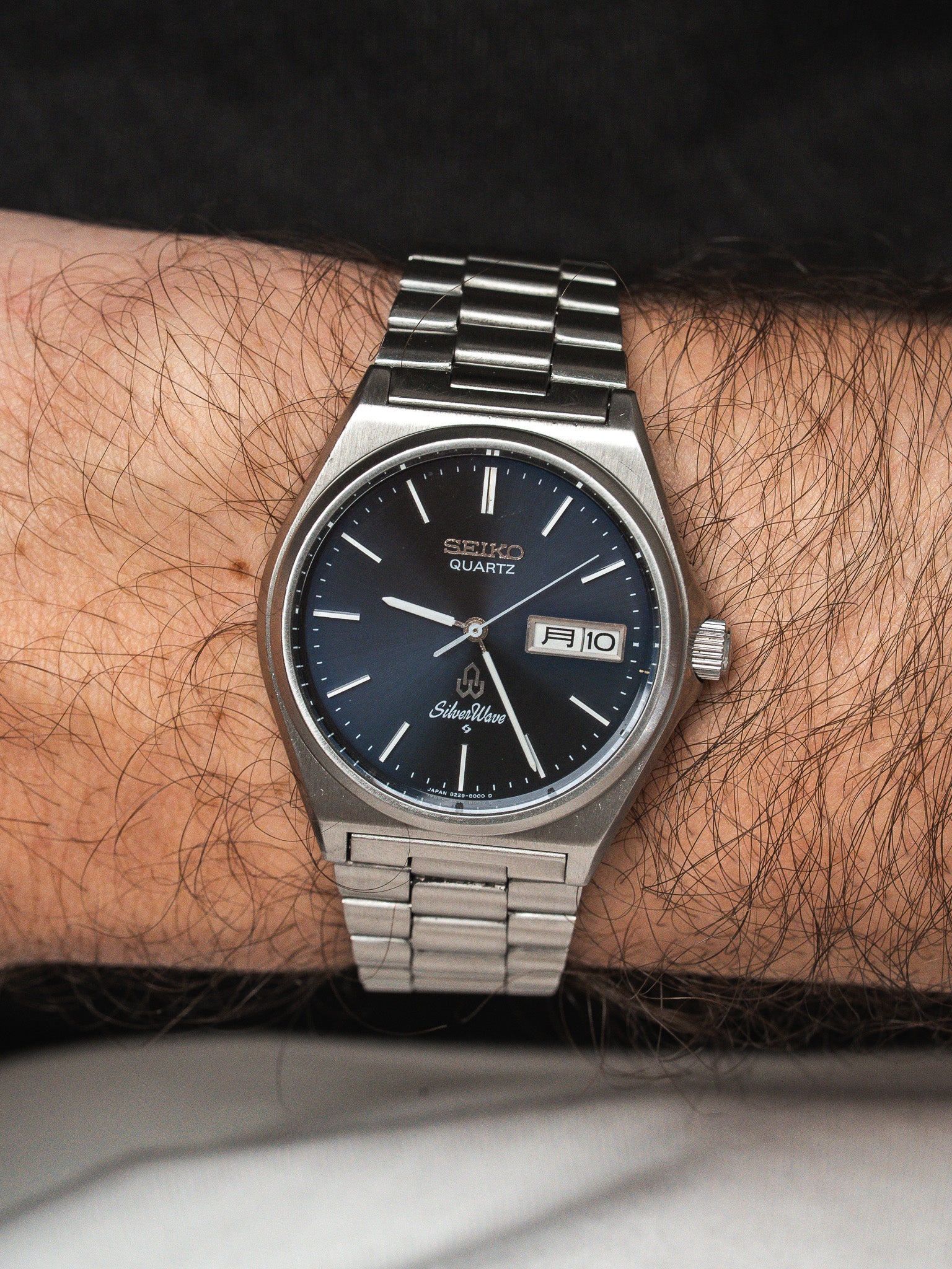 Orologio Seiko SilverWave Quartz — Quadrante blu Day-Date (1981)