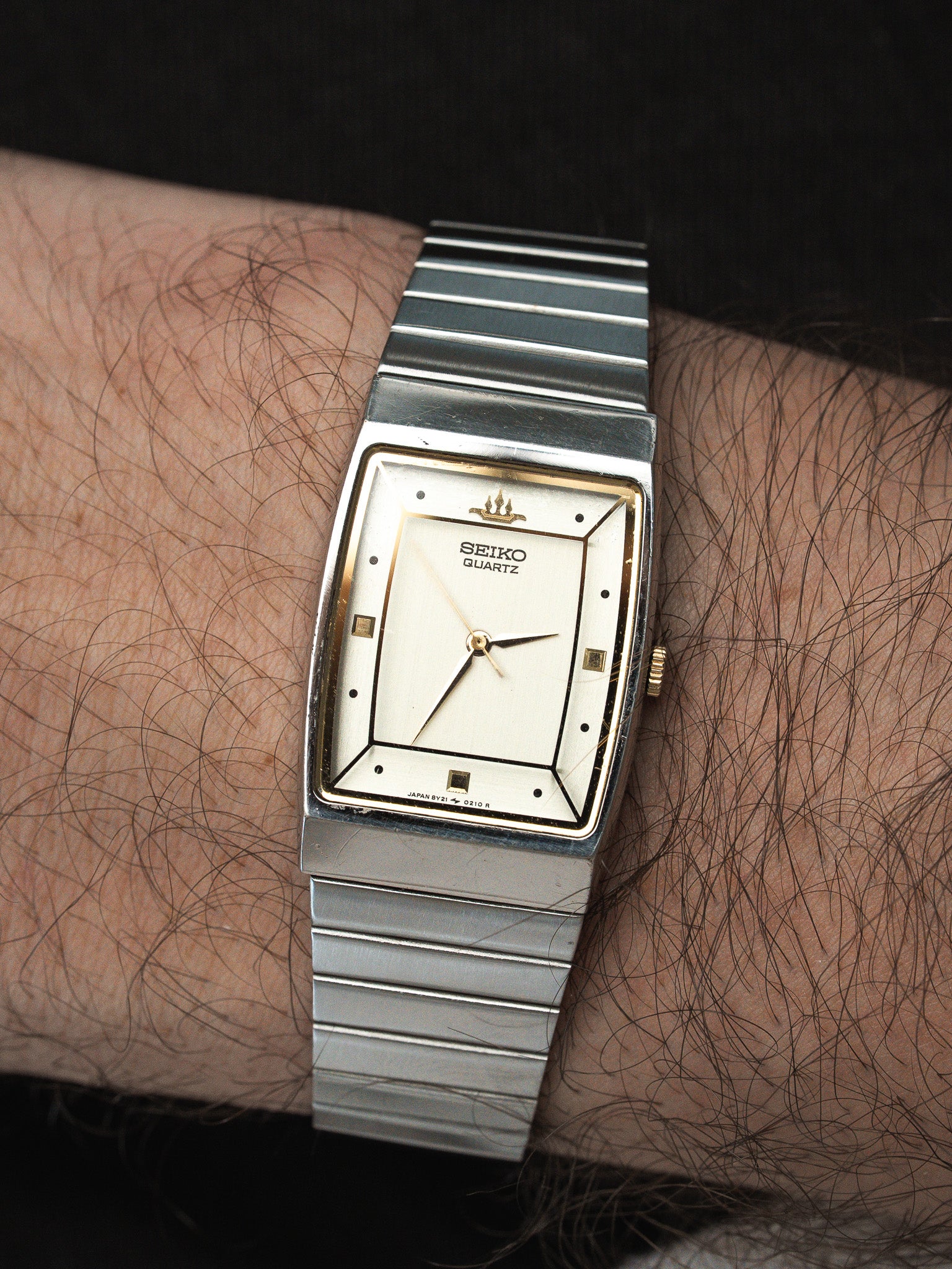 Vintage Seiko Watch Rectangular Steel — Golden Dial Dress Watch (1989)