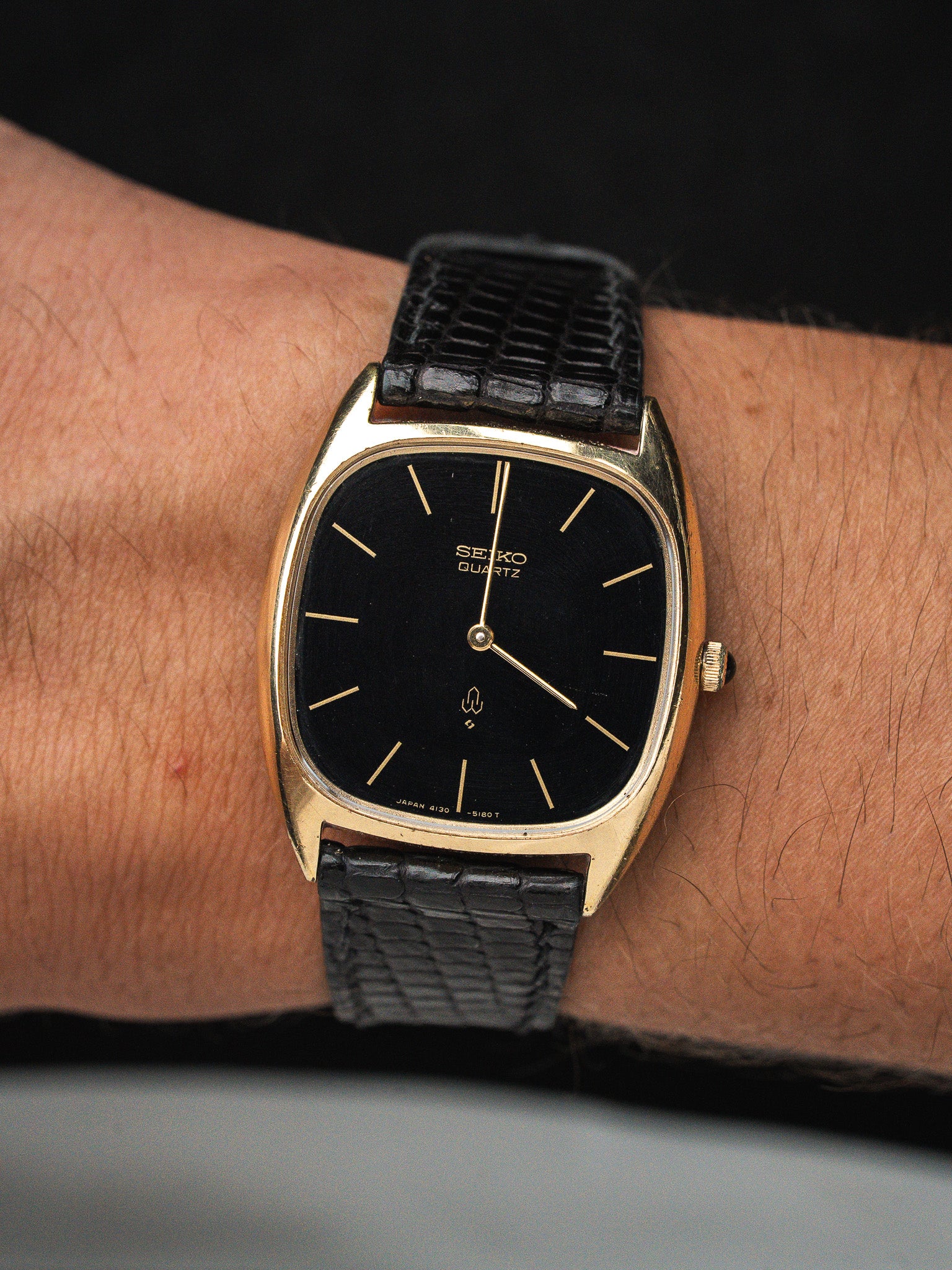 Vintage Seiko Tonneau Watch Gold 4130-5180 — Black Dial (1976)