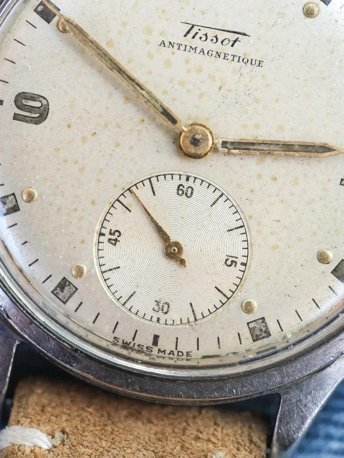 Tissot Antimagnetique vintage watch with aged cream dial and seconds subdial