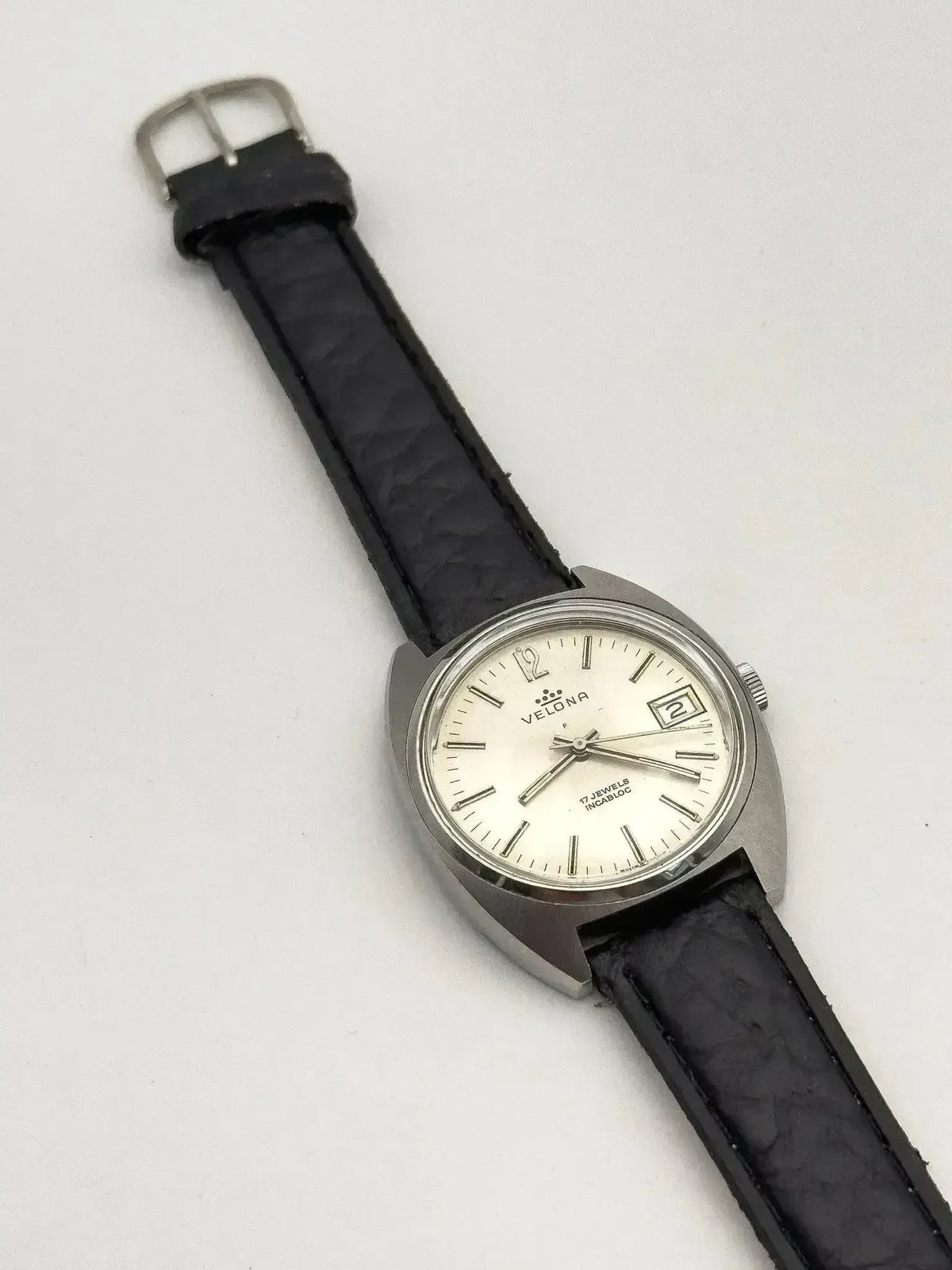 Velona Coussin Watch Steel 37mm — Silver Sunburst, Date (1970s)