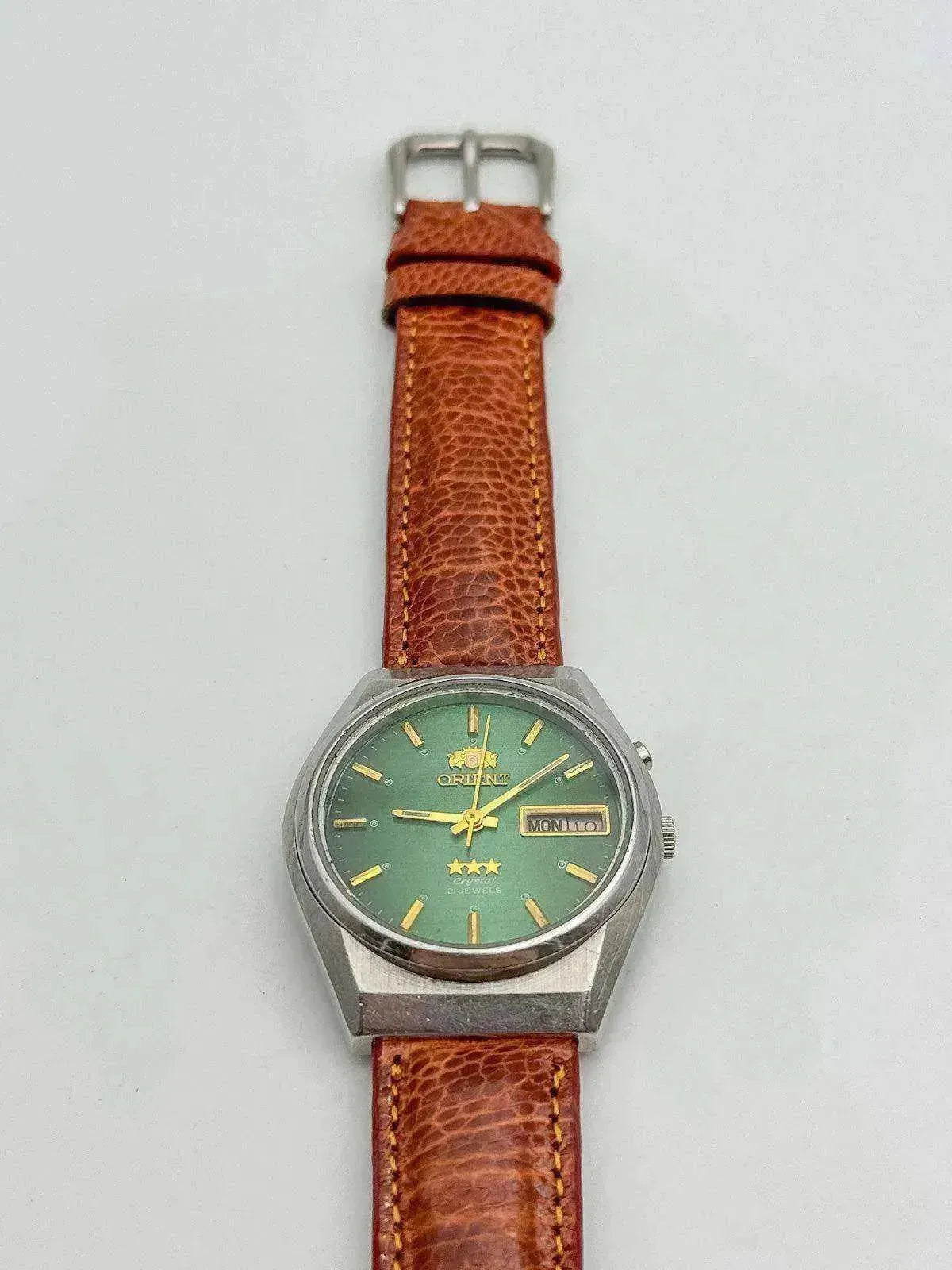 Orient - Daydate Cadran Vert cuir marron - 1970s - Atelier Victor - Vintage Shop