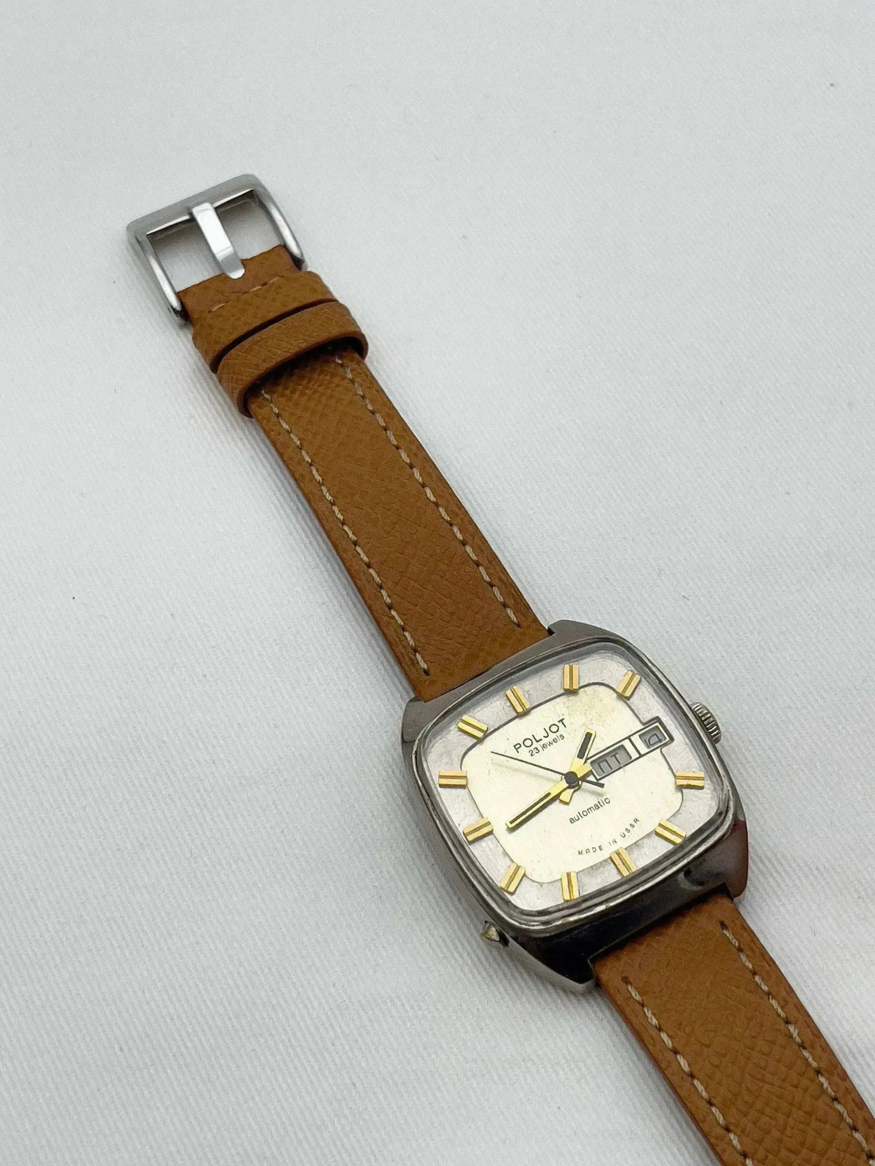 Poljot vintage automatic watch with square case, cream dial, gold markers, brown leather strap