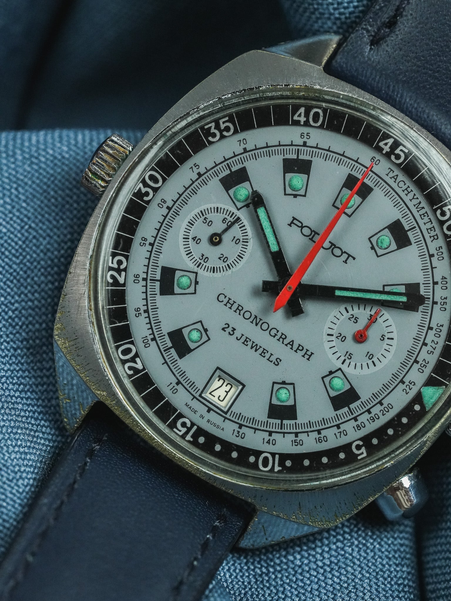 Poljot - Chronographe Date Bleu Lunette intérieure - 1960s - Atelier Victor - Vintage Shop