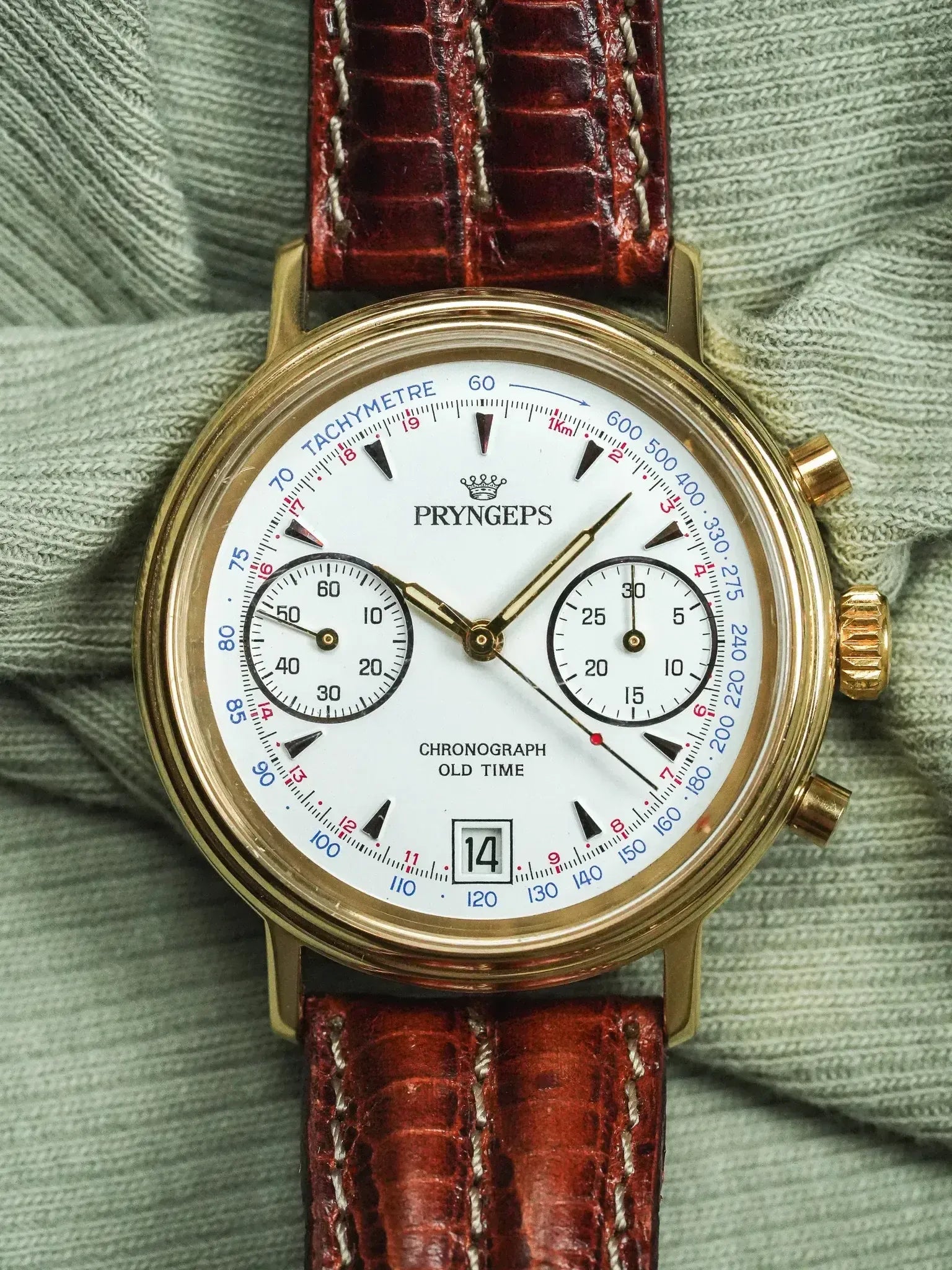 Pryngeps - Chronographe manuel plaqué bracelet cuir marron lézard - NOS - 1980s - Atelier Victor