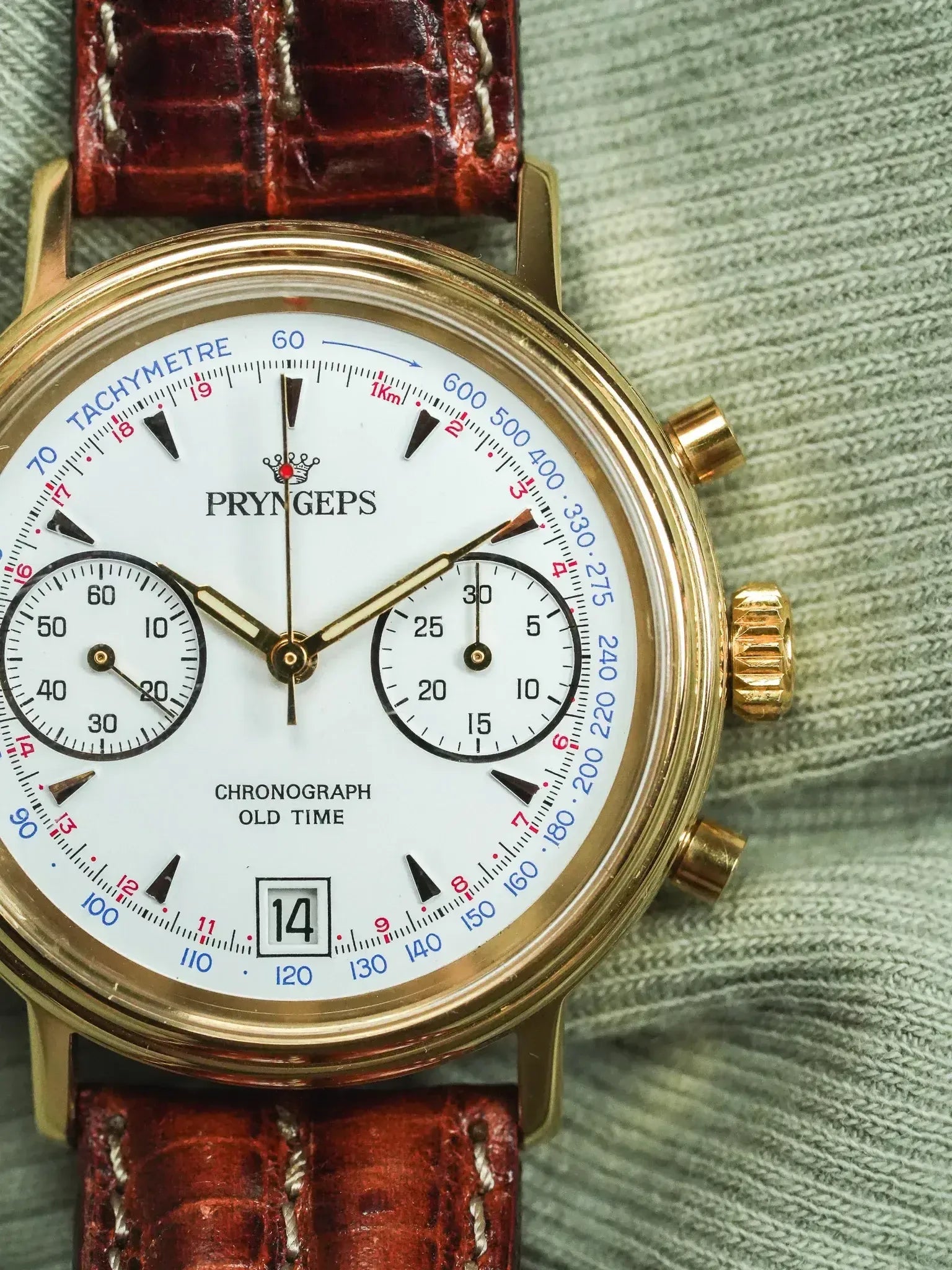 Pryngeps - Chronographe manuel plaqué bracelet cuir marron lézard - NOS - 1980s - Atelier Victor