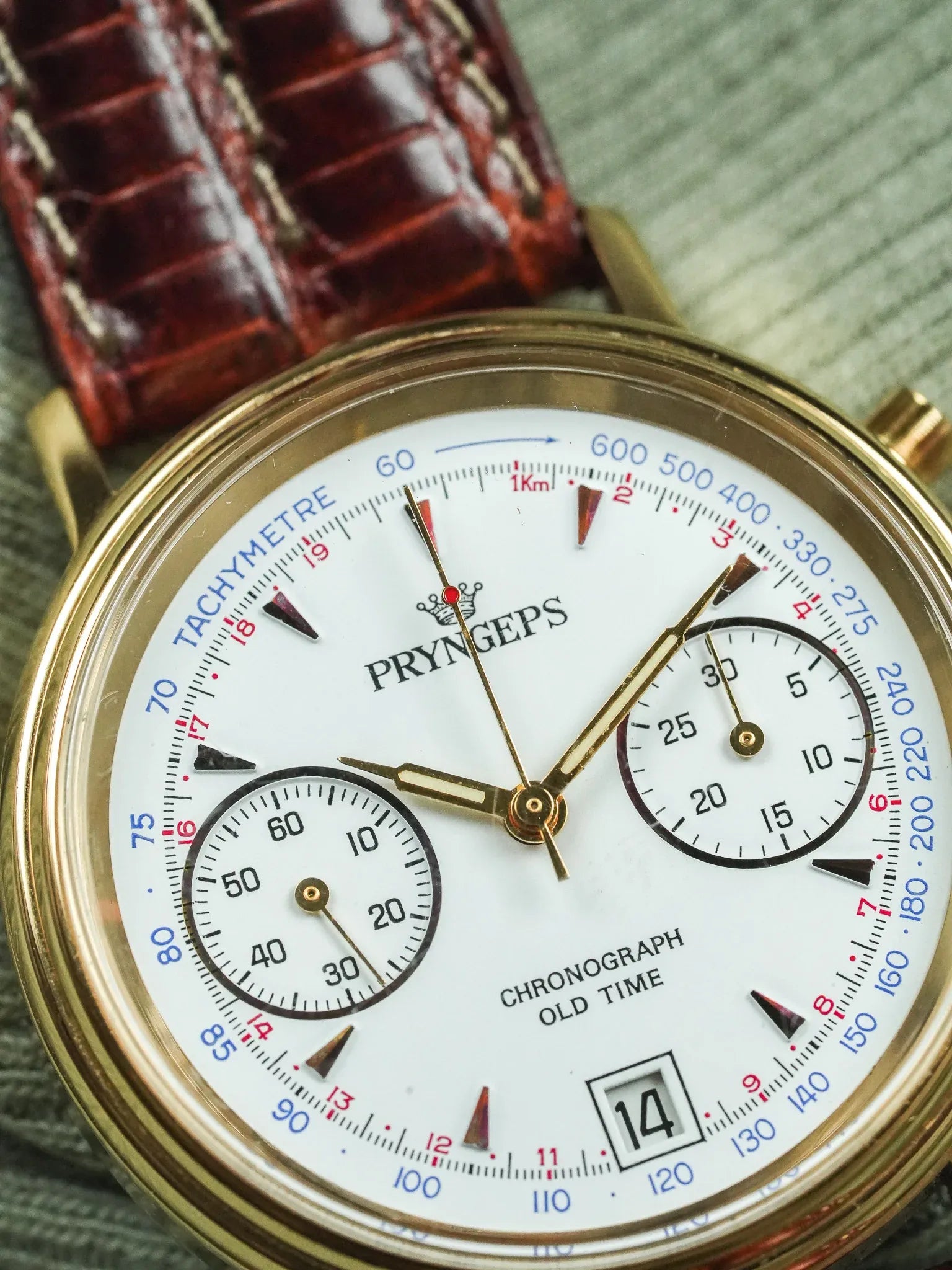 Pryngeps - Chronographe manuel plaqué bracelet cuir marron lézard - NOS - 1980s - Atelier Victor