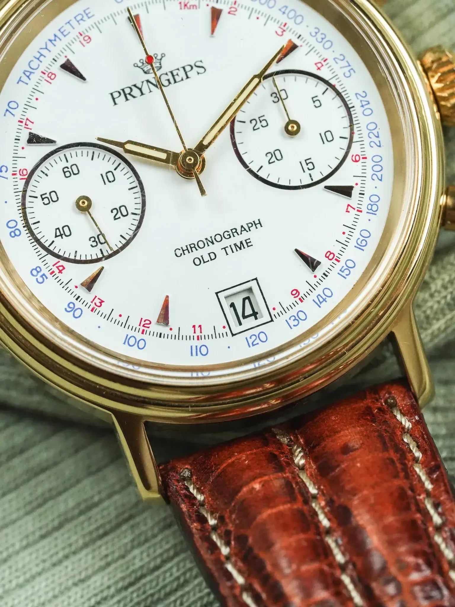 Pryngeps - Chronographe manuel plaqué bracelet cuir marron lézard - NOS - 1980s - Atelier Victor