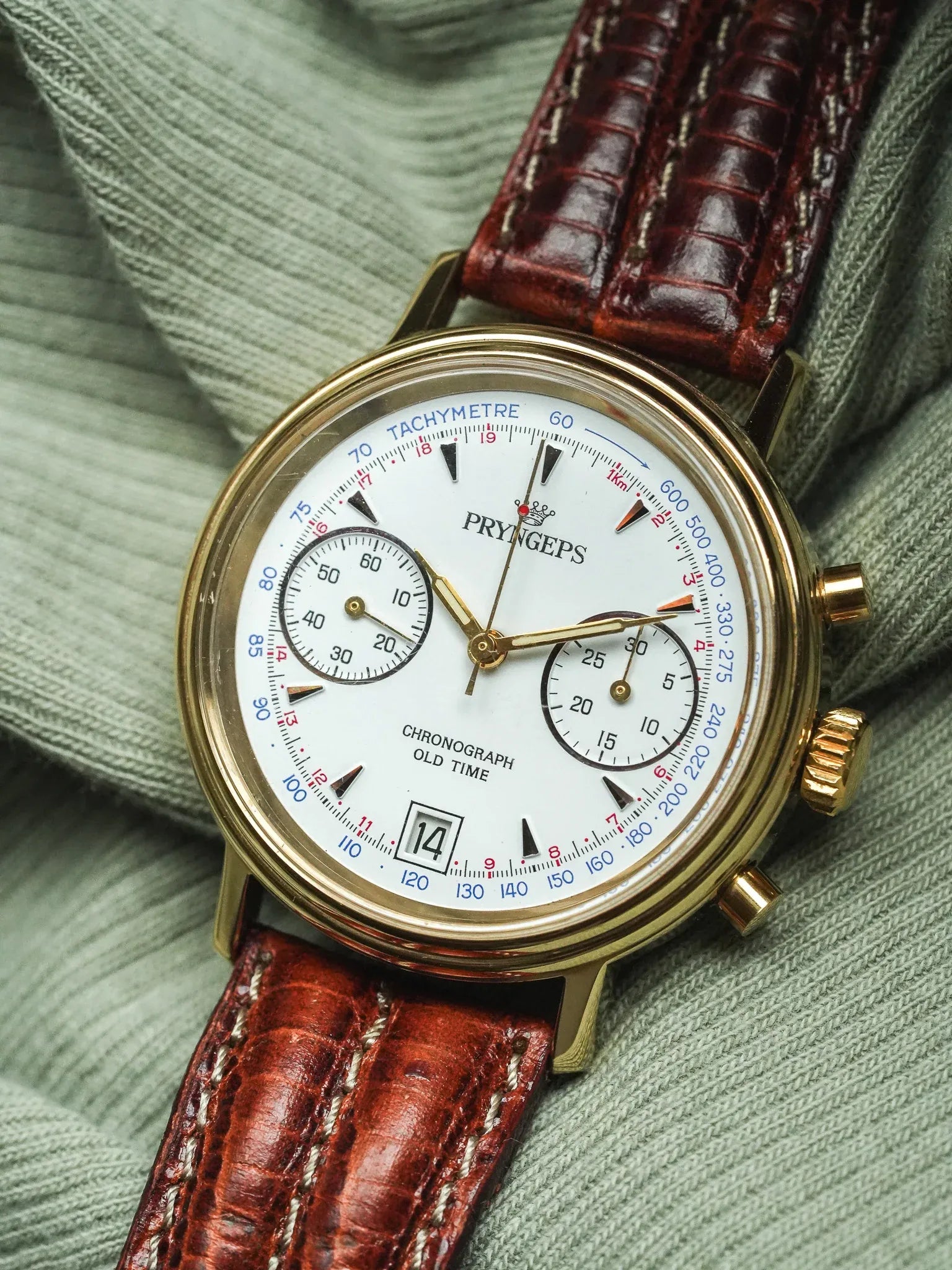 Pryngeps - Chronographe manuel plaqué bracelet cuir marron lézard - NOS - 1980s - Atelier Victor