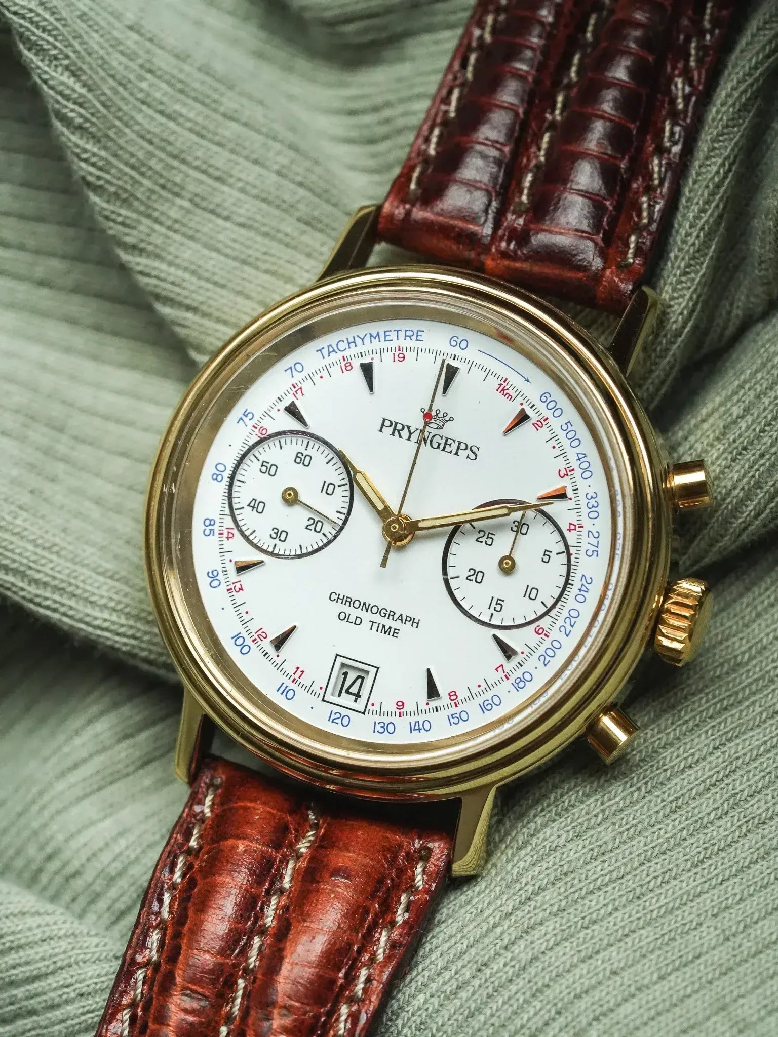 Pryngeps - Chronographe manuel plaqué bracelet cuir marron lézard - NOS - 1980s - Atelier Victor