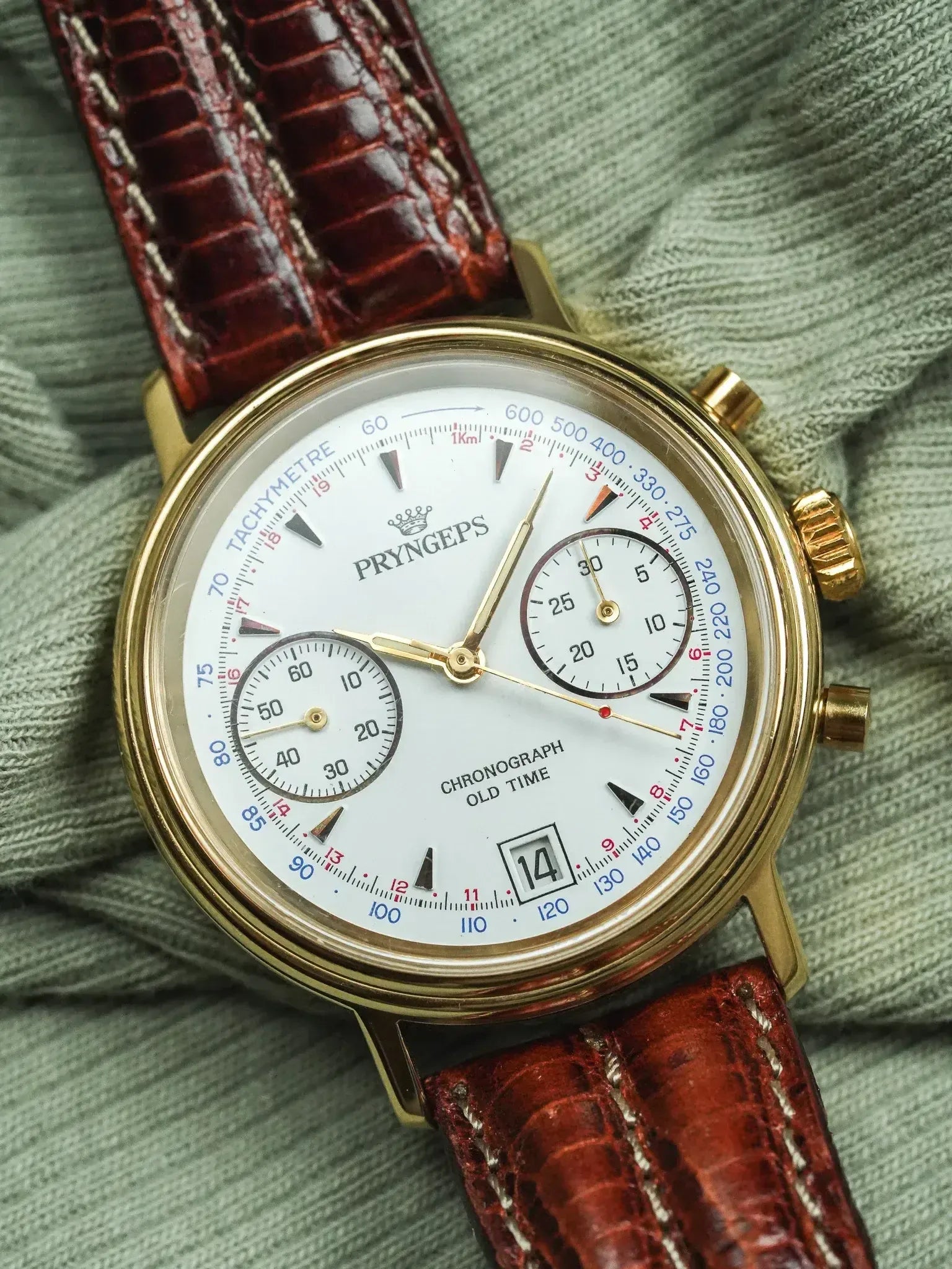 Pryngeps - Chronographe manuel plaqué bracelet cuir marron lézard - NOS - 1980s - Atelier Victor