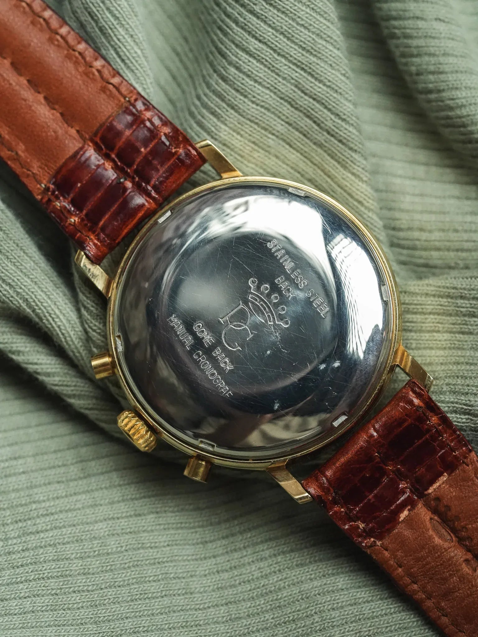 Pryngeps - Chronographe manuel plaqué bracelet cuir marron lézard - NOS - 1980s - Atelier Victor