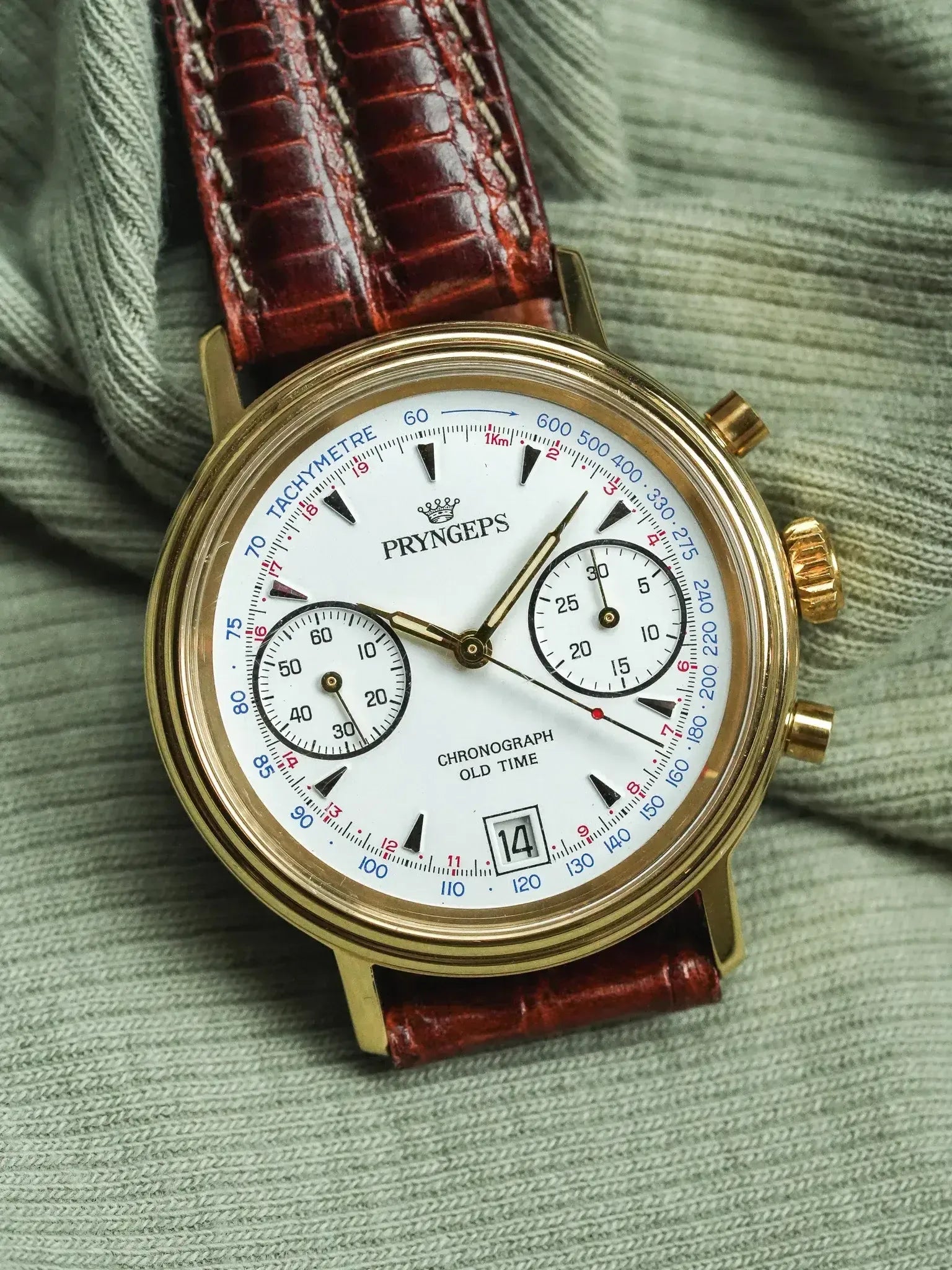 Pryngeps - Chronographe manuel plaqué bracelet cuir marron lézard - NOS - 1980s - Atelier Victor