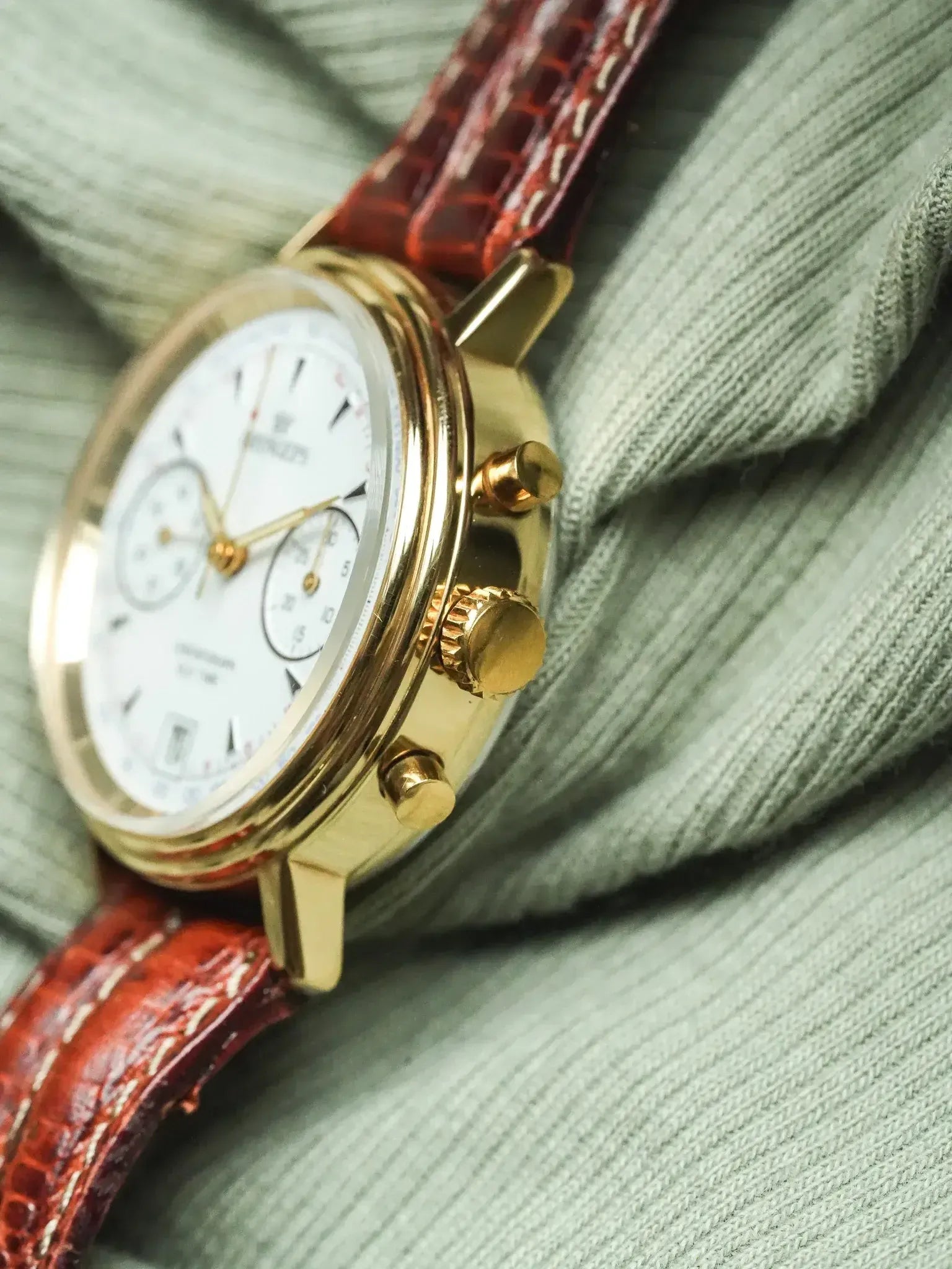 Pryngeps - Chronographe manuel plaqué bracelet cuir marron lézard - NOS - 1980s - Atelier Victor