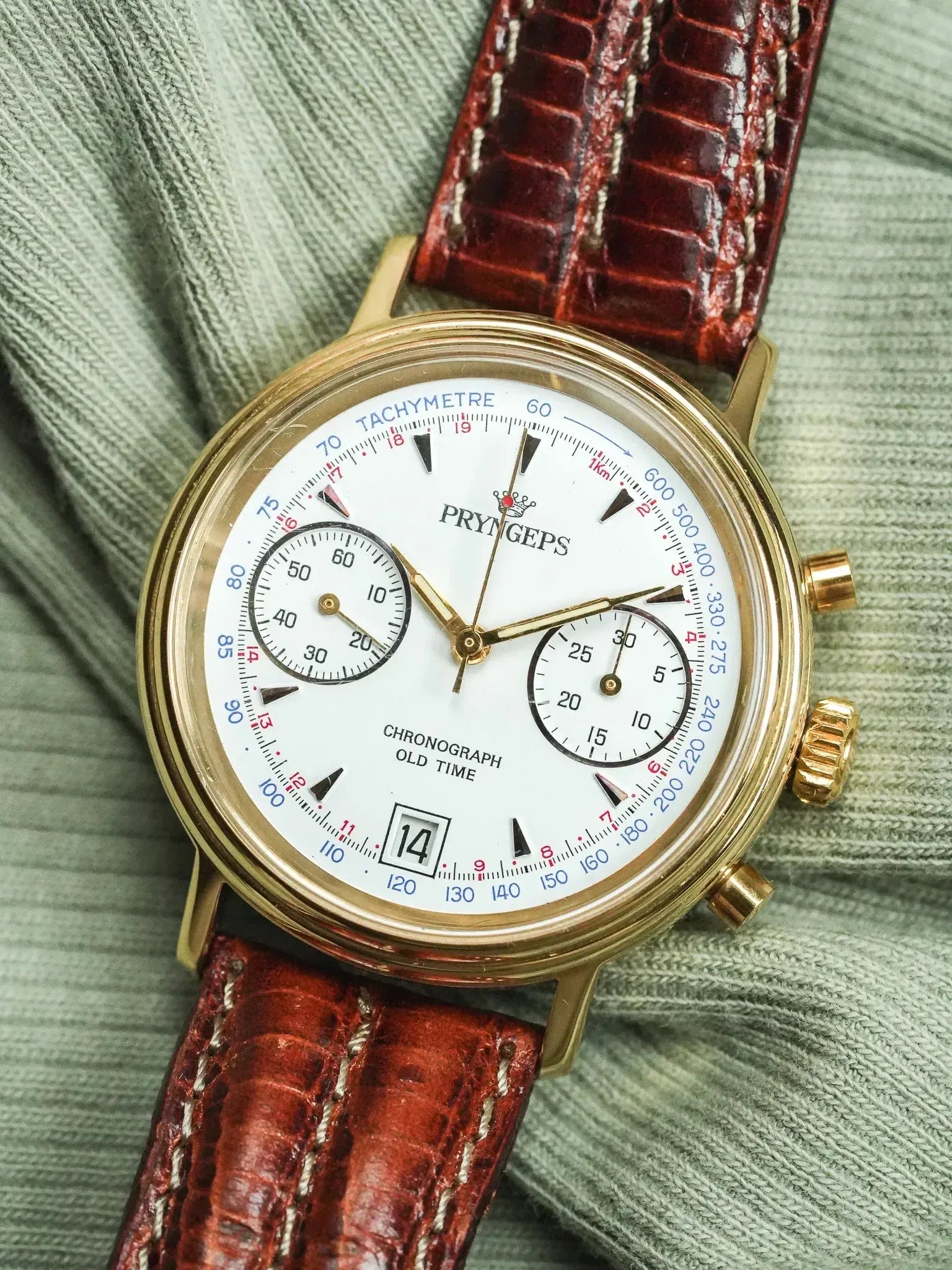 Pryngeps - Chronographe manuel plaqué bracelet cuir marron lézard - NOS - 1980s - Atelier Victor