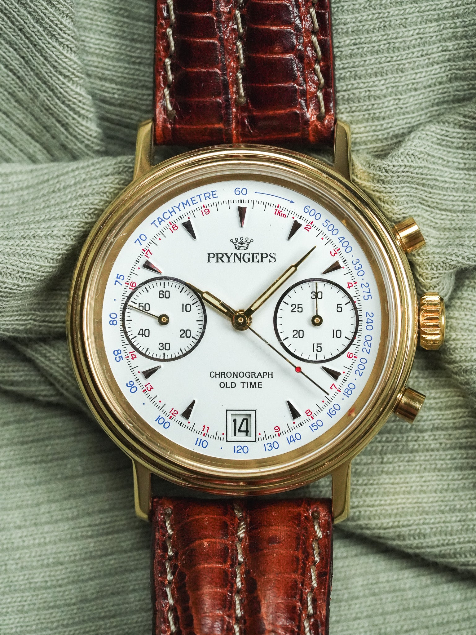 Pryngeps - Chronographe manuel plaqué bracelet cuir marron lézard - NOS - 1980s - Atelier Victor - Vintage  Shop