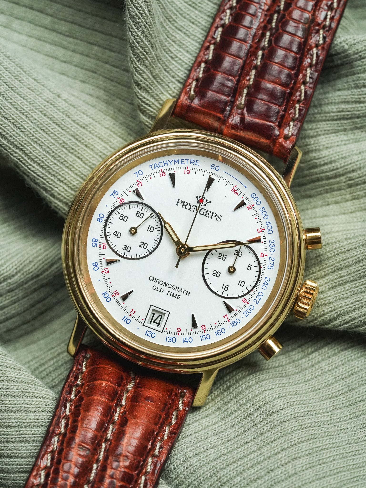 Pryngeps - Chronographe manuel plaqué bracelet cuir marron lézard - NOS - 1980s - Atelier Victor - Vintage  Shop