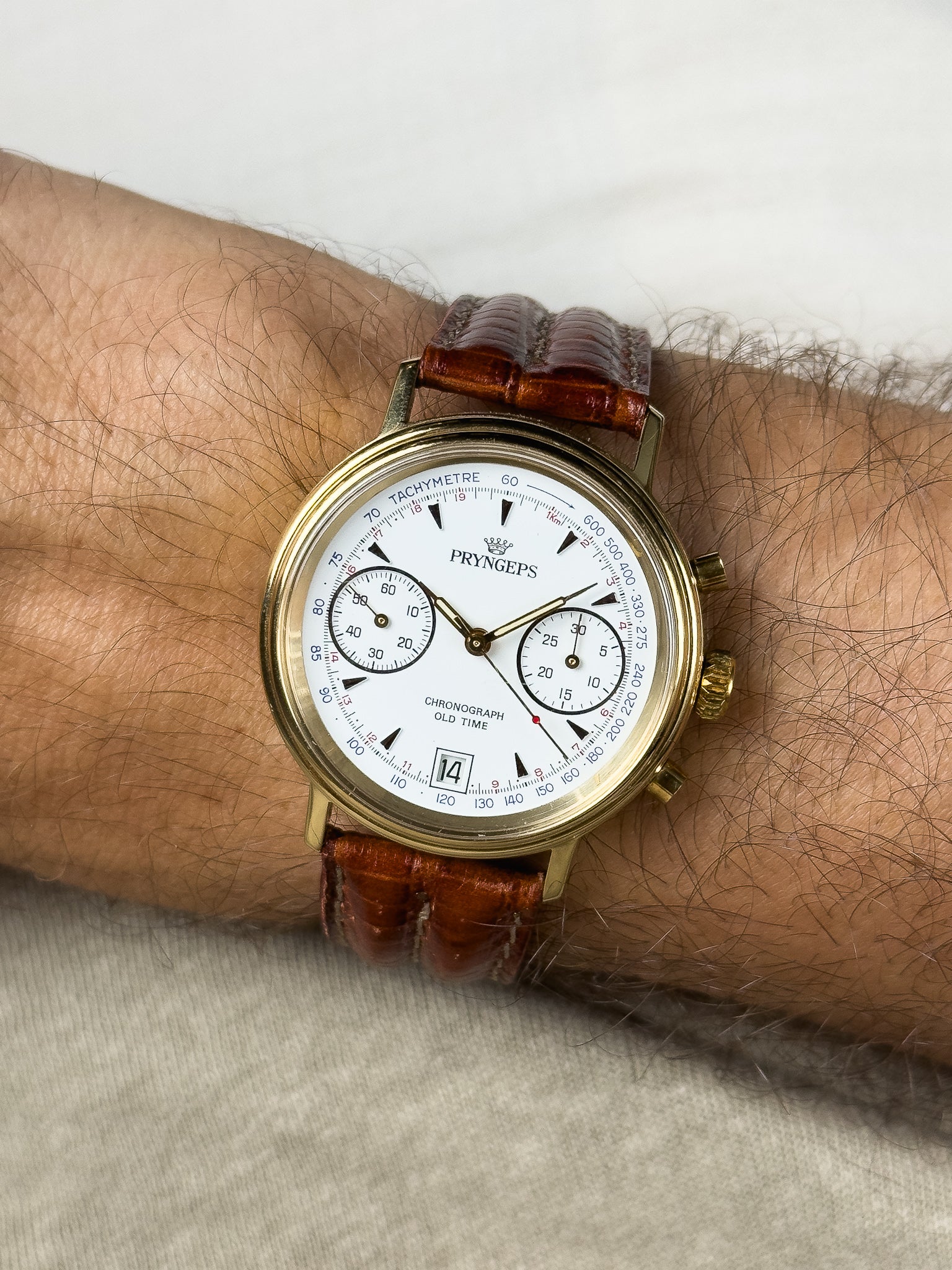 Pryngeps - Chronographe manuel plaqué bracelet cuir marron lézard - NOS - 1980s - Atelier Victor - Vintage  Shop