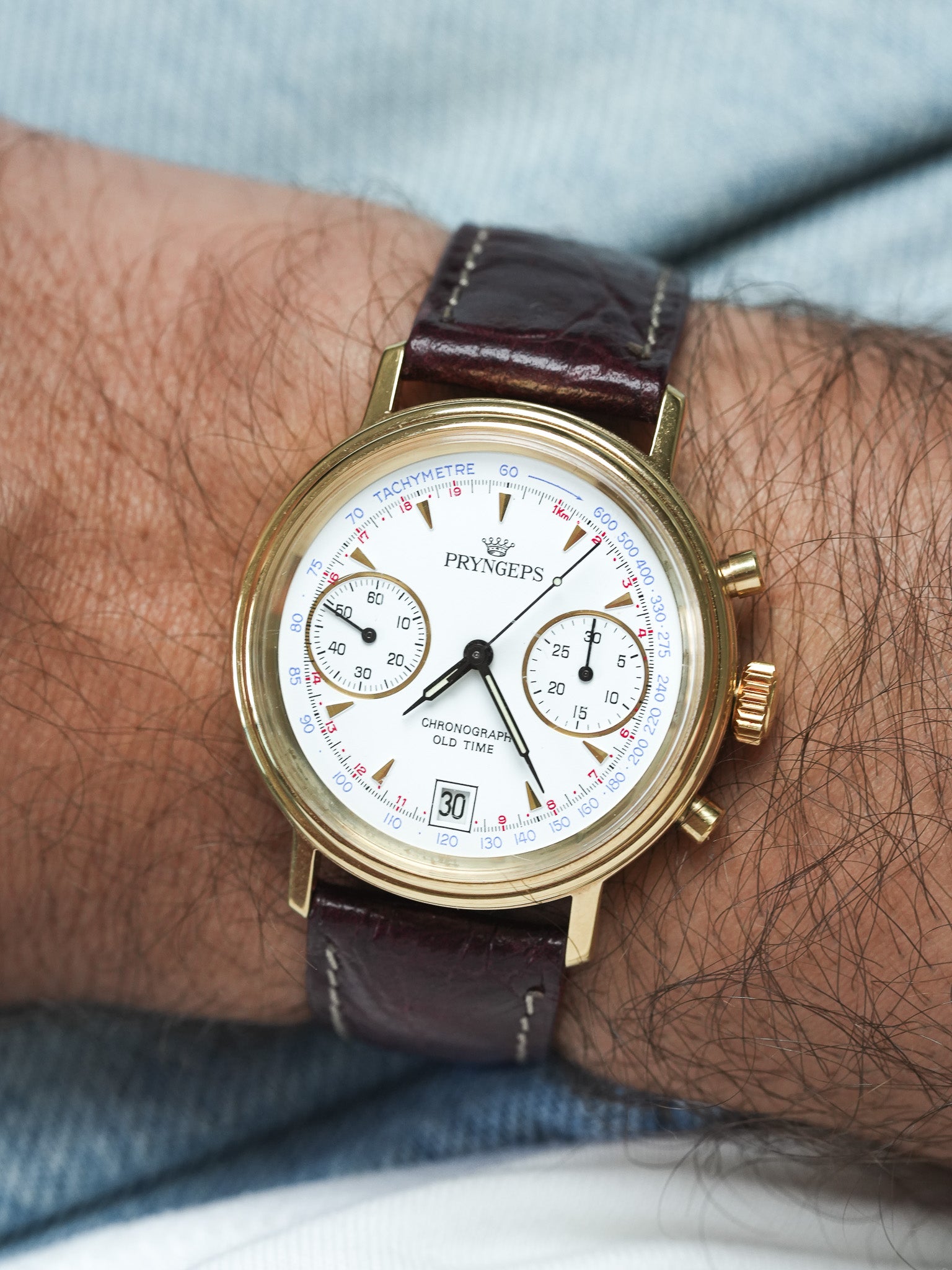 Pryngeps - Handaufzug-Chronograph vergoldet Lederarmband braun - NOS - 1980s