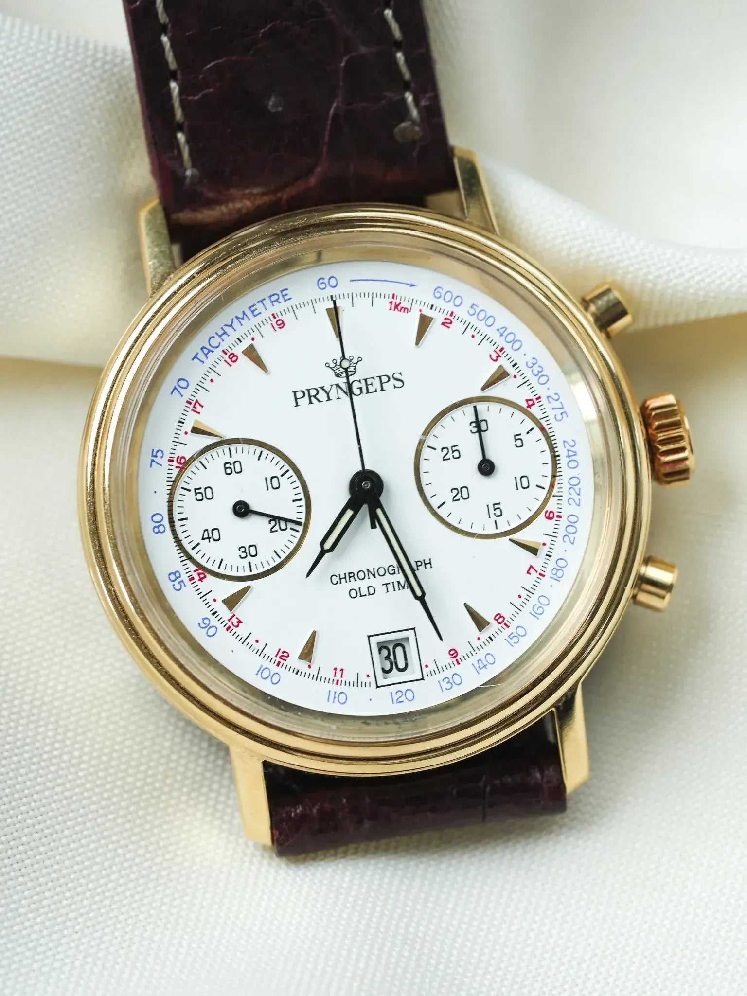 Pryngeps - Chronographe manuel plaqué bracelet cuir marron - NOS - 1980s