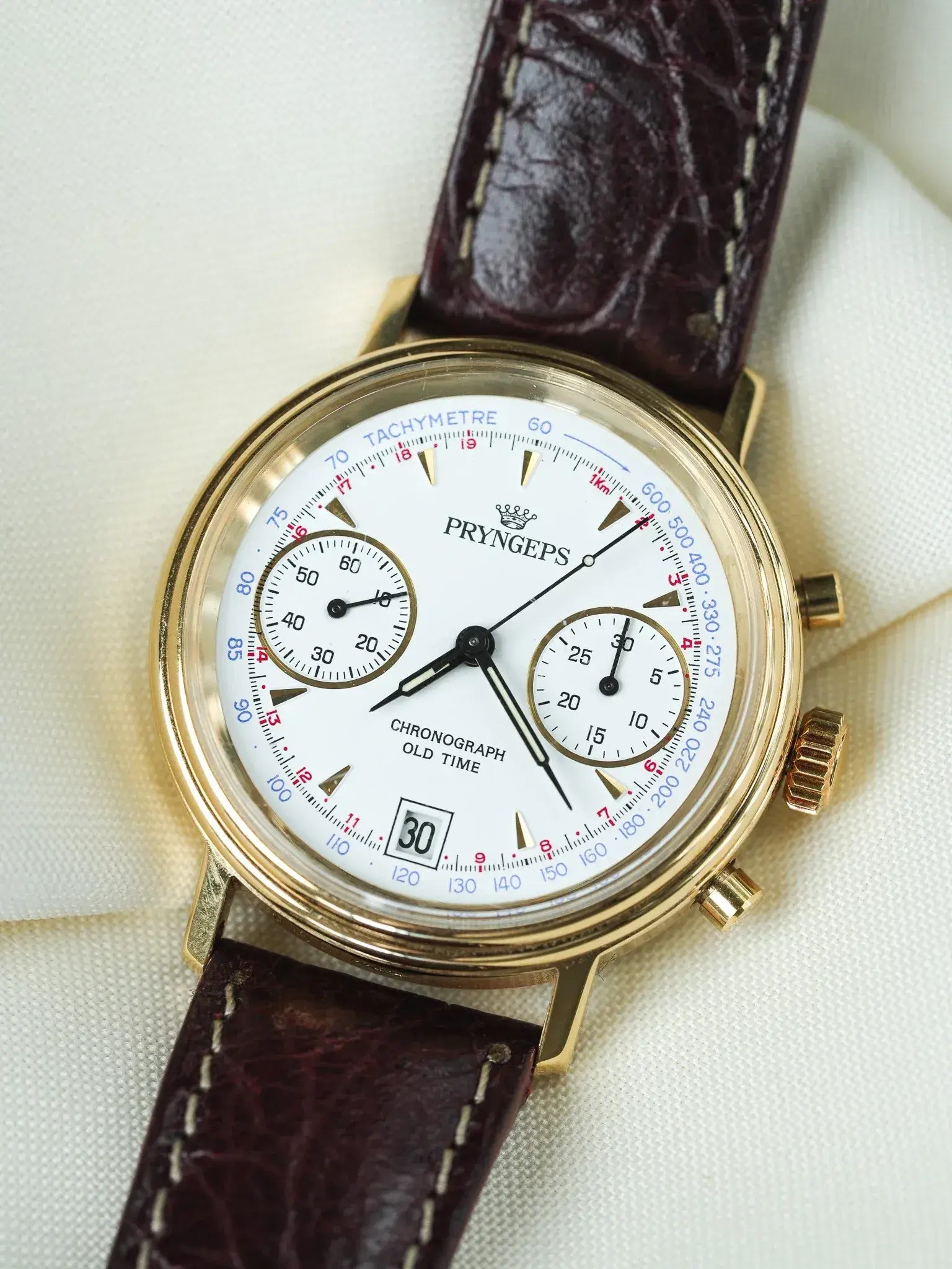 Pryngeps - Chronographe manuel plaqué bracelet cuir marron - NOS - 1980s