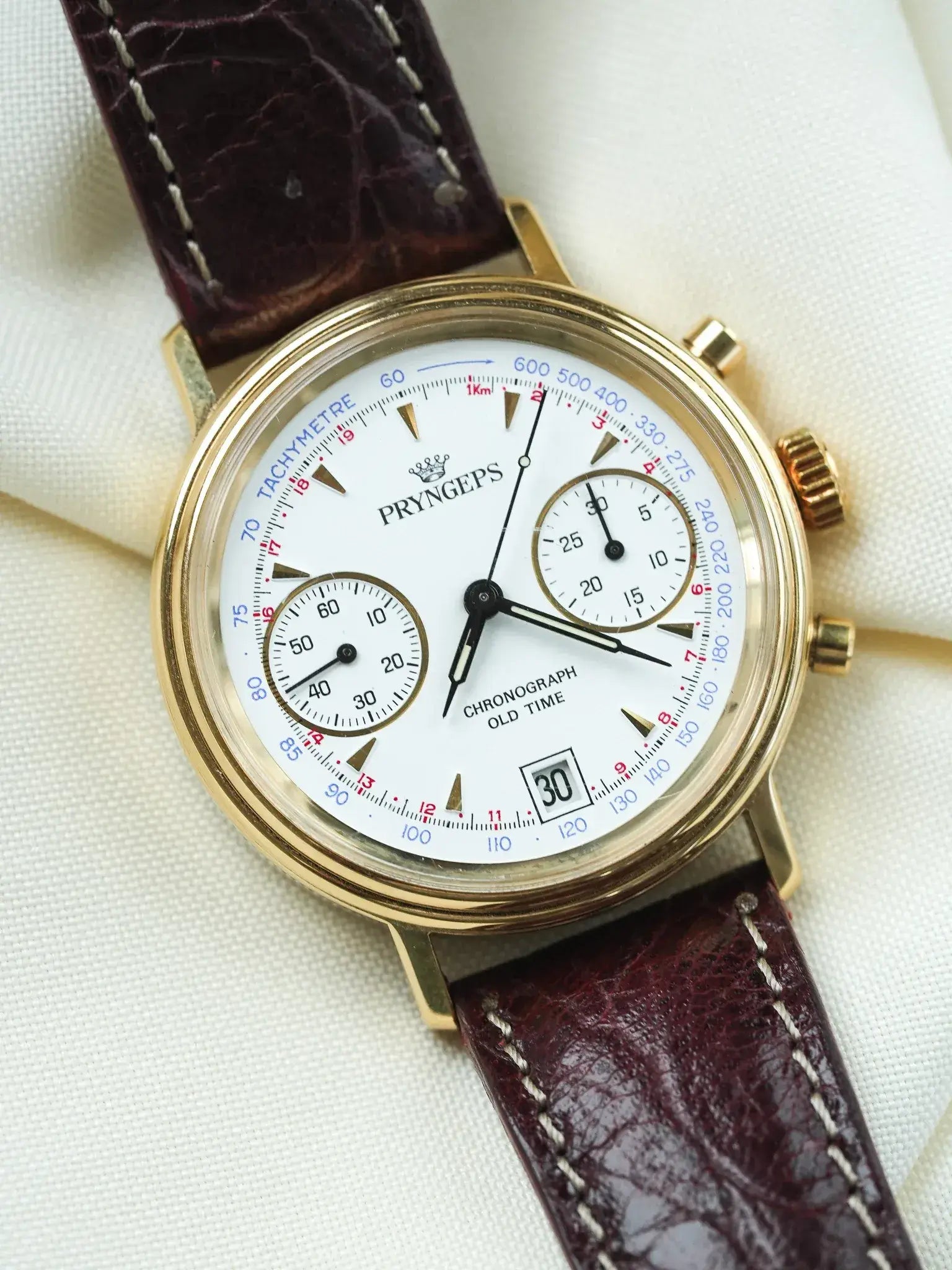 Pryngeps - Chronographe manuel plaqué bracelet cuir marron - NOS - 1980s