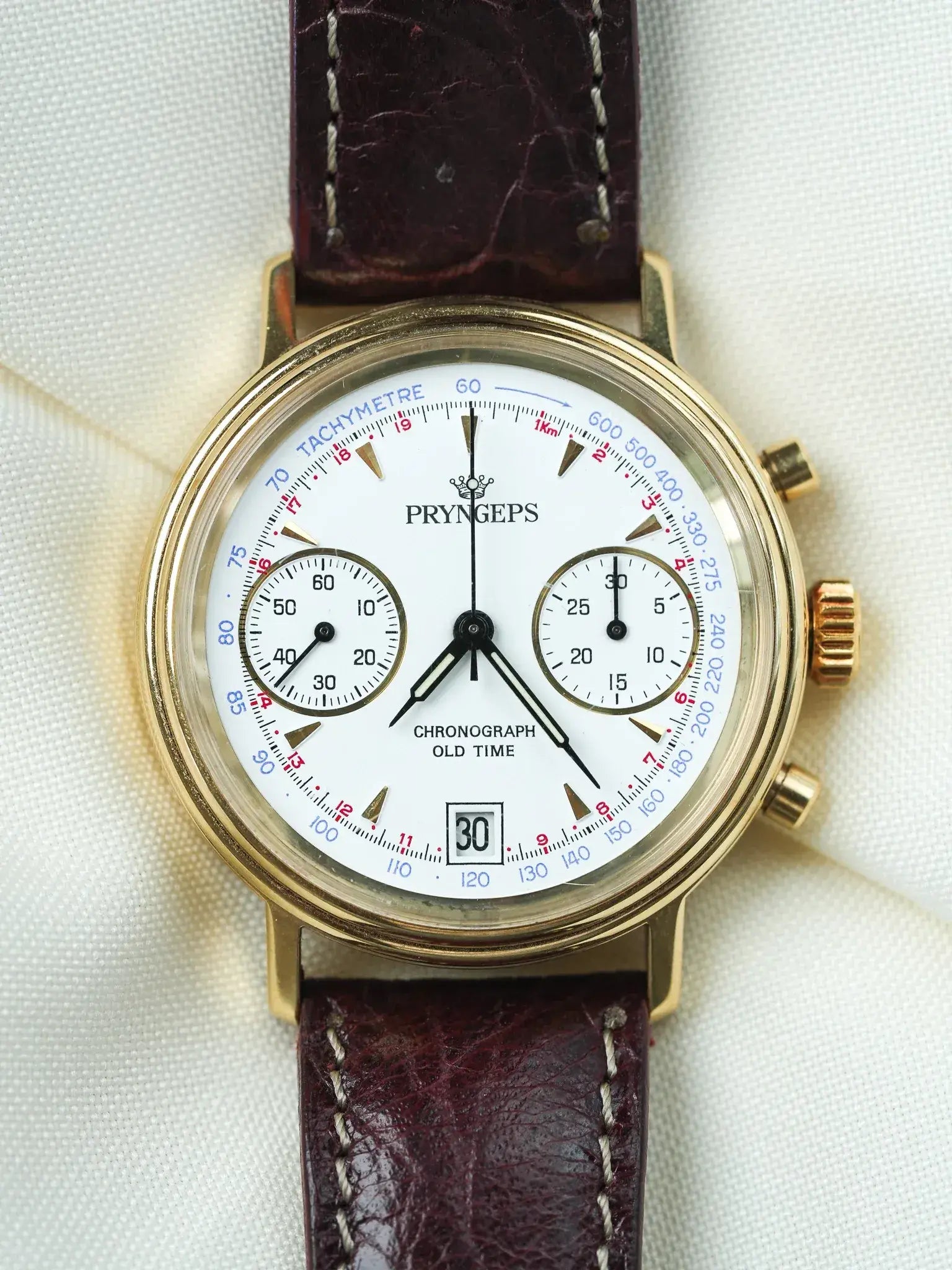 Pryngeps - Chronographe manuel plaqué bracelet cuir marron - NOS - 1980s