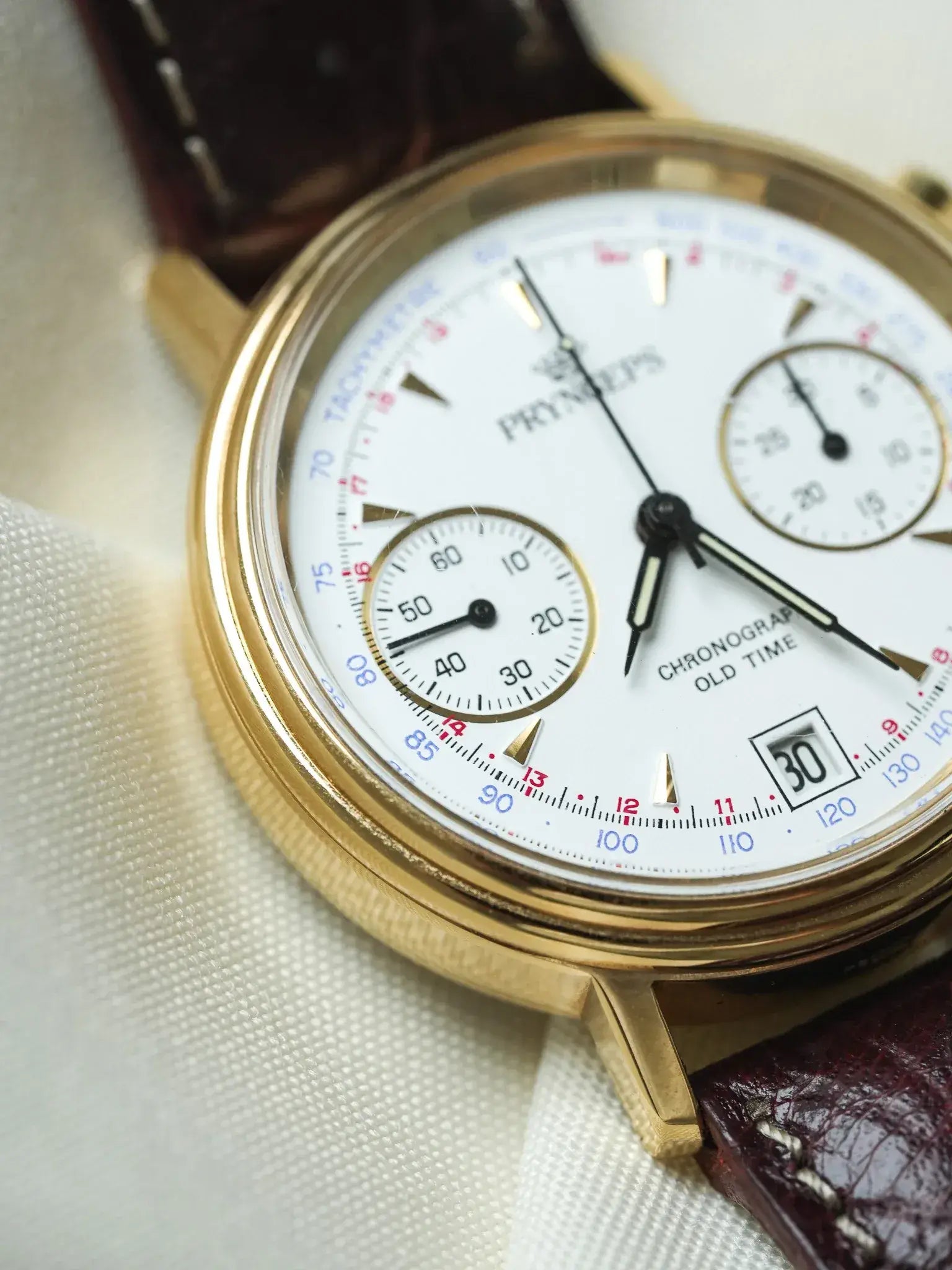 Pryngeps - Chronographe manuel plaqué bracelet cuir marron - NOS - 1980s