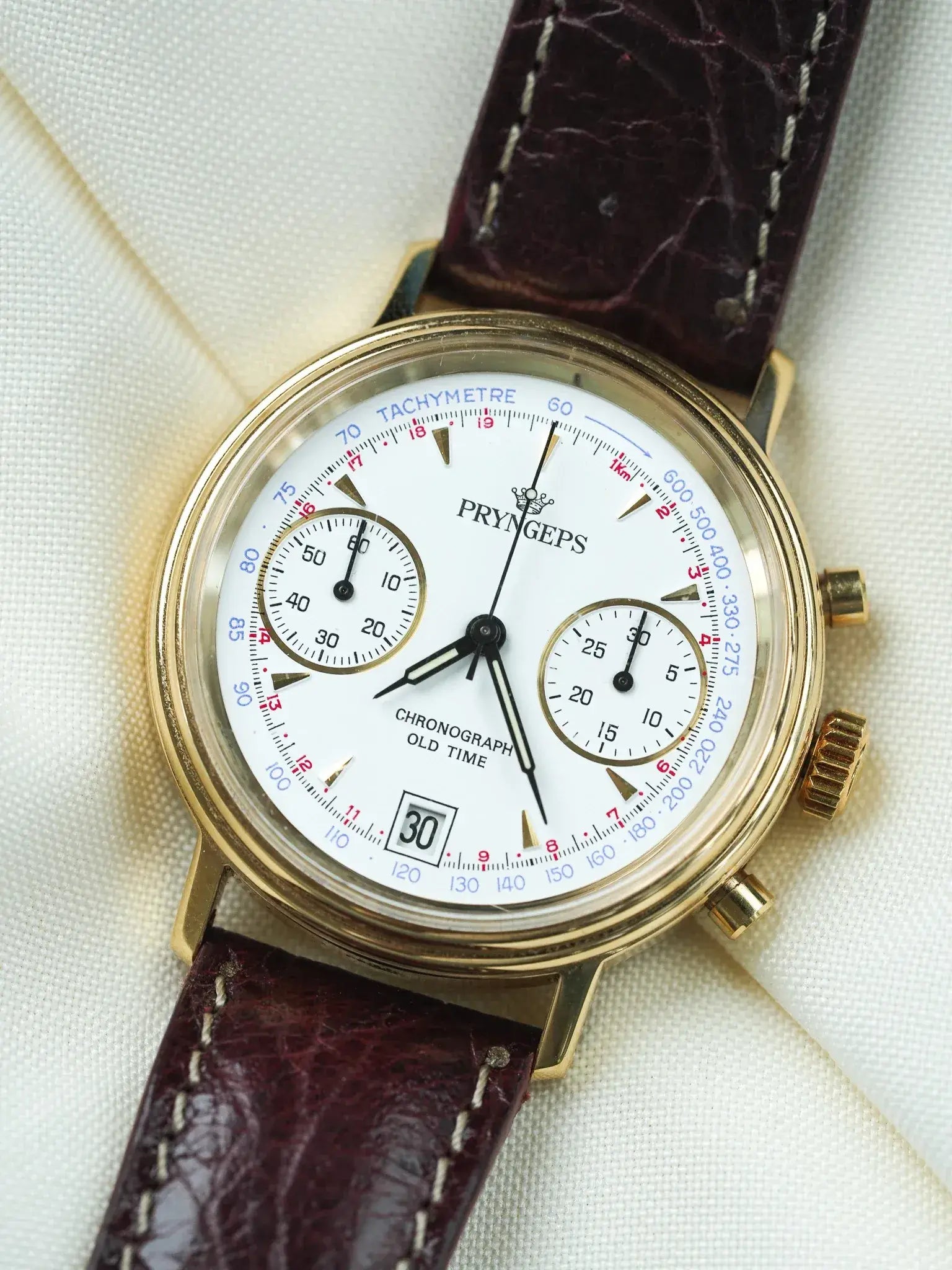 Pryngeps - Chronographe manuel plaqué bracelet cuir marron - NOS - 1980s