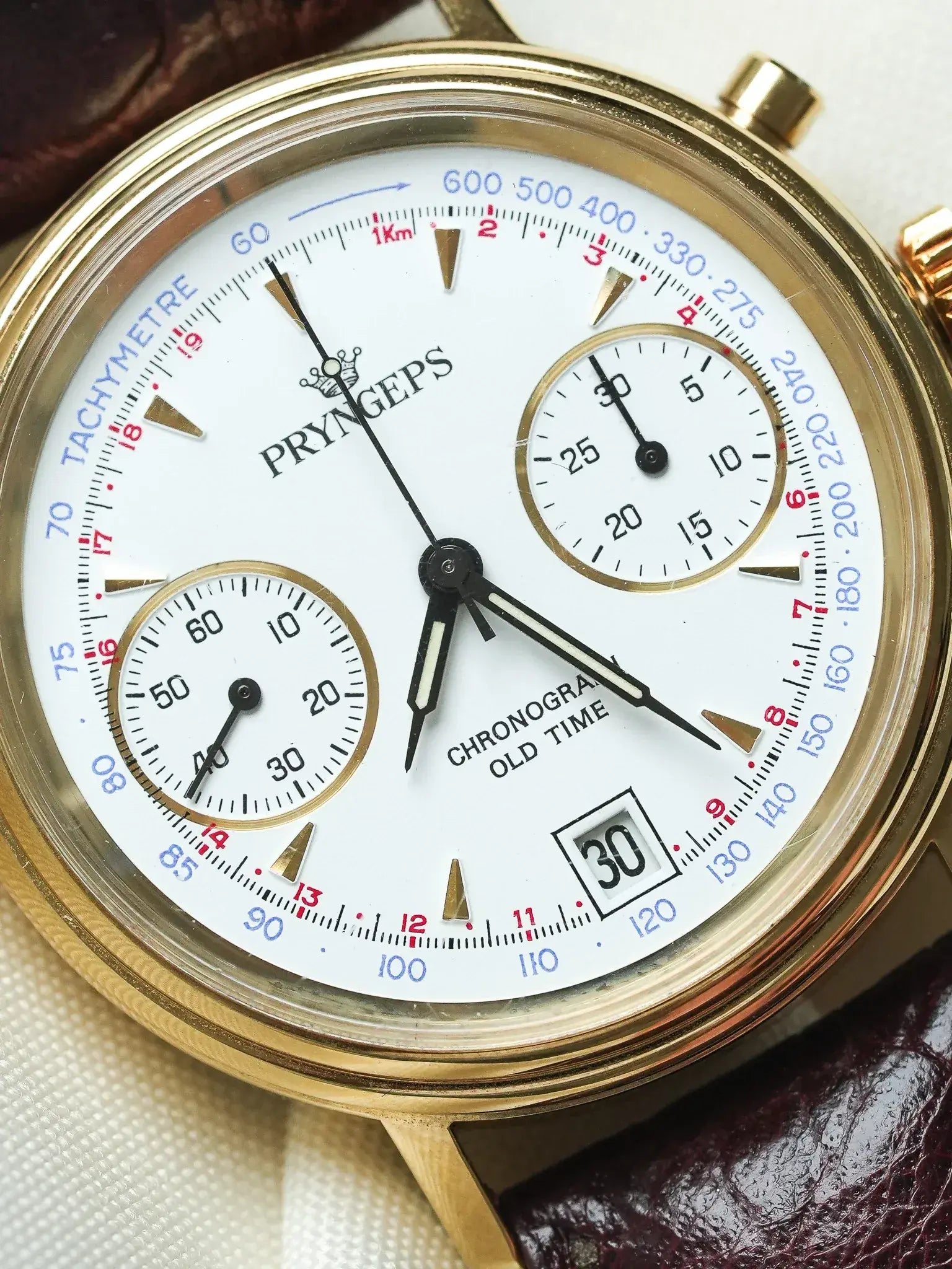 Pryngeps - Chronographe manuel plaqué bracelet cuir marron - NOS - 1980s