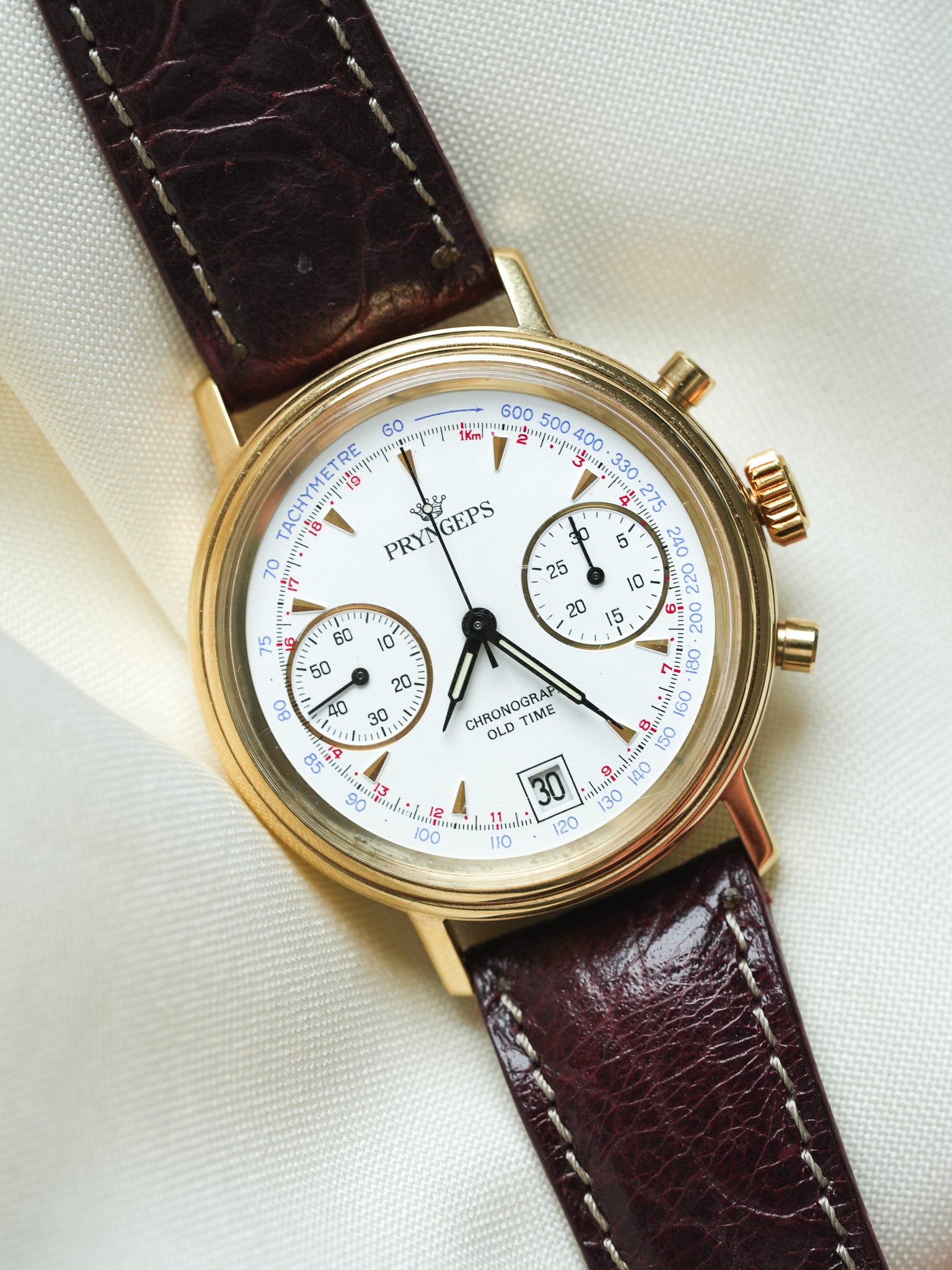 Pryngeps - Handaufzug-Chronograph vergoldet Lederarmband braun - NOS - 1980s