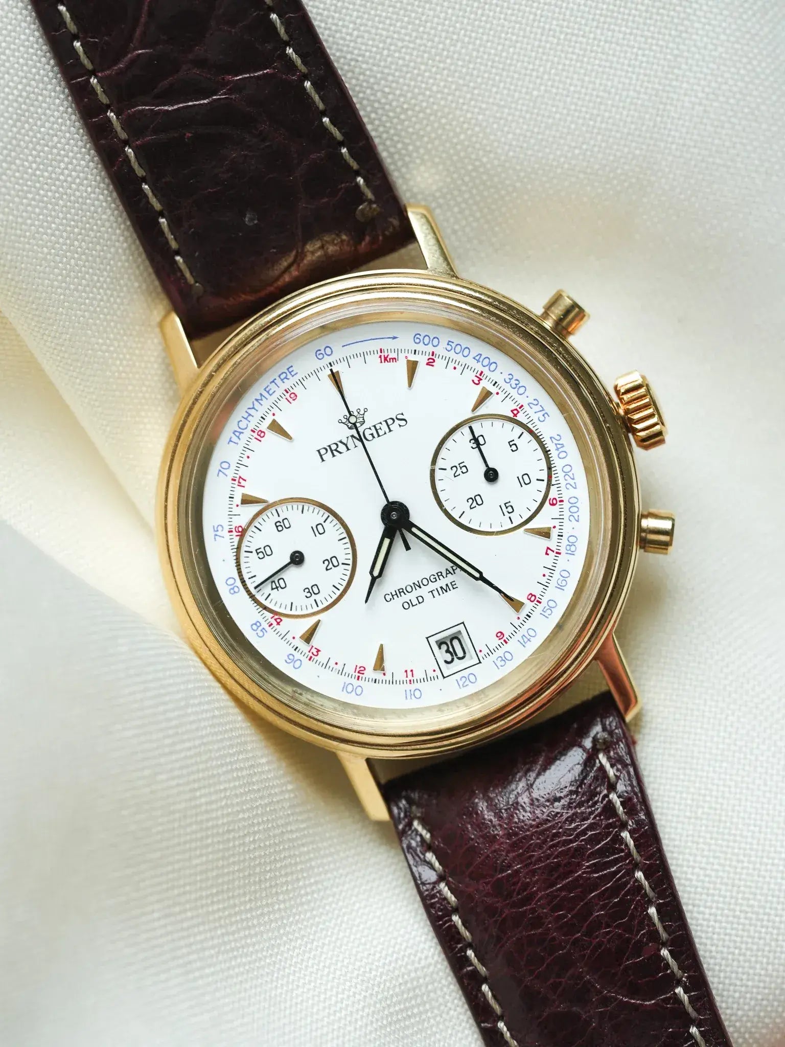 Pryngeps - Chronographe manuel plaqué bracelet cuir marron - NOS - 1980s